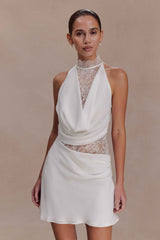Arra White Chiffon Lace Halter Mini Dress