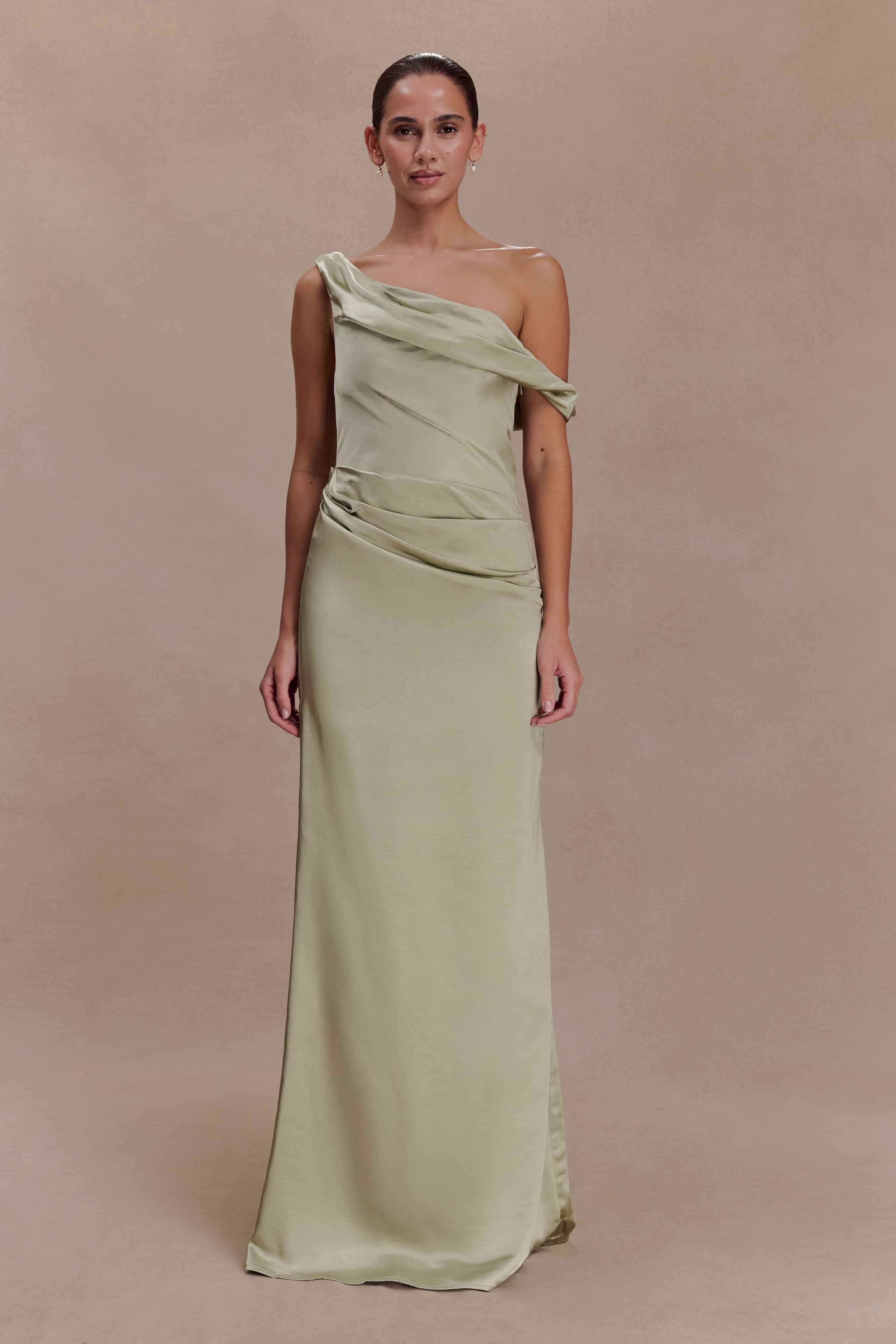 Sage Dalia Satin Off-Shoulder Maxi Dress