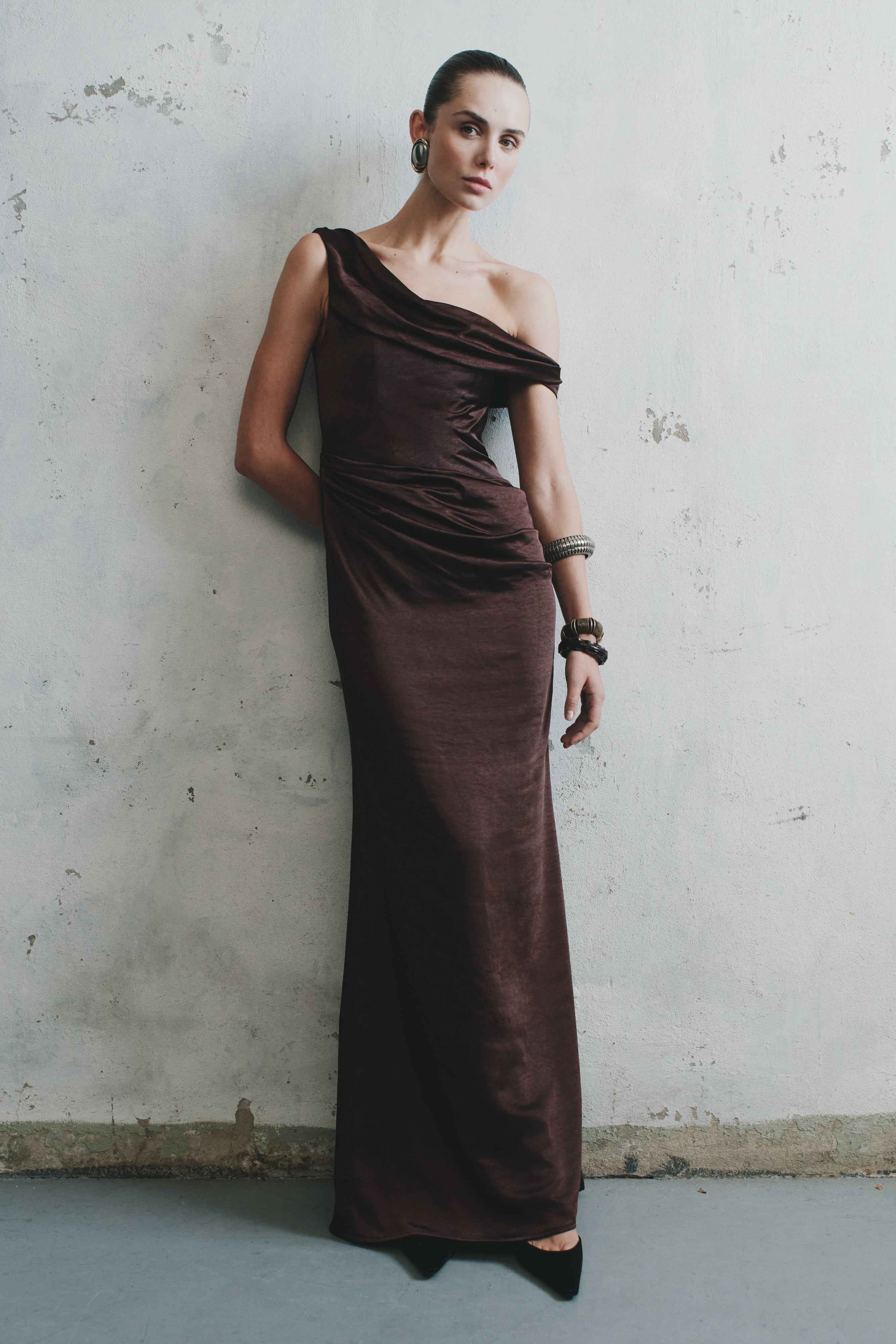 Dalia Dark Chocolate Off-Shoulder Maxi Dress