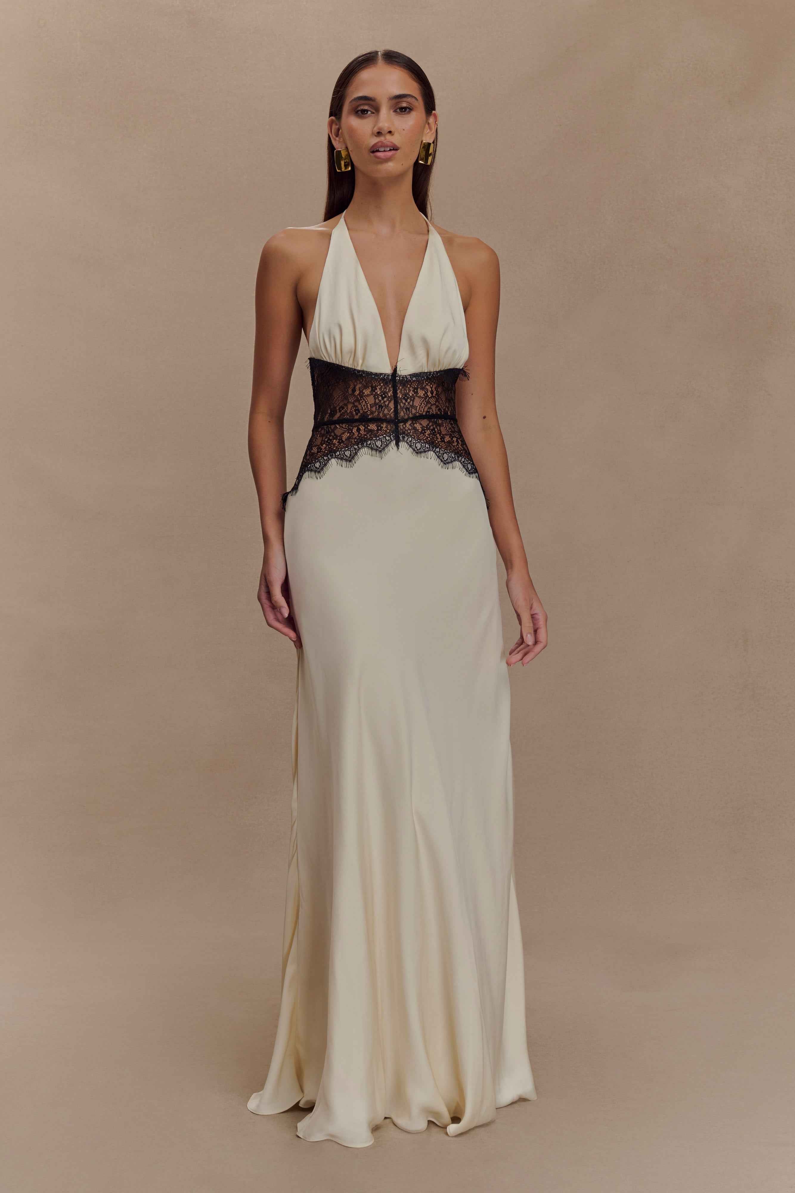 Dinah Black/Ivory Lace and Satin Maxi Dress