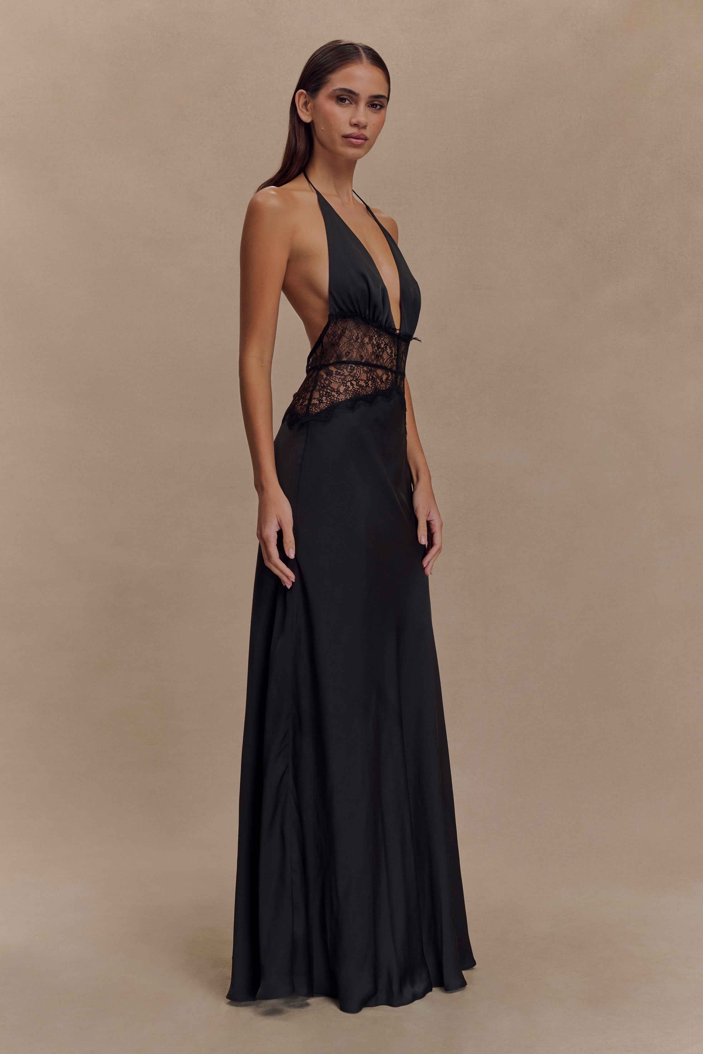 LACE SATIN MAXI EVENING PARTY DRESS