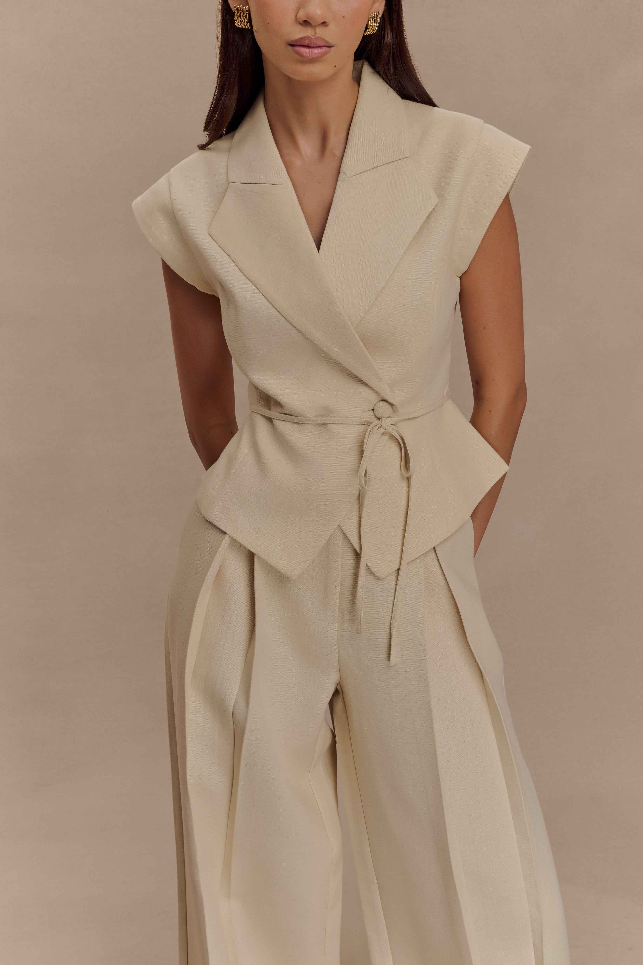 Raya Natural Beige Wide Leg Linen Pant