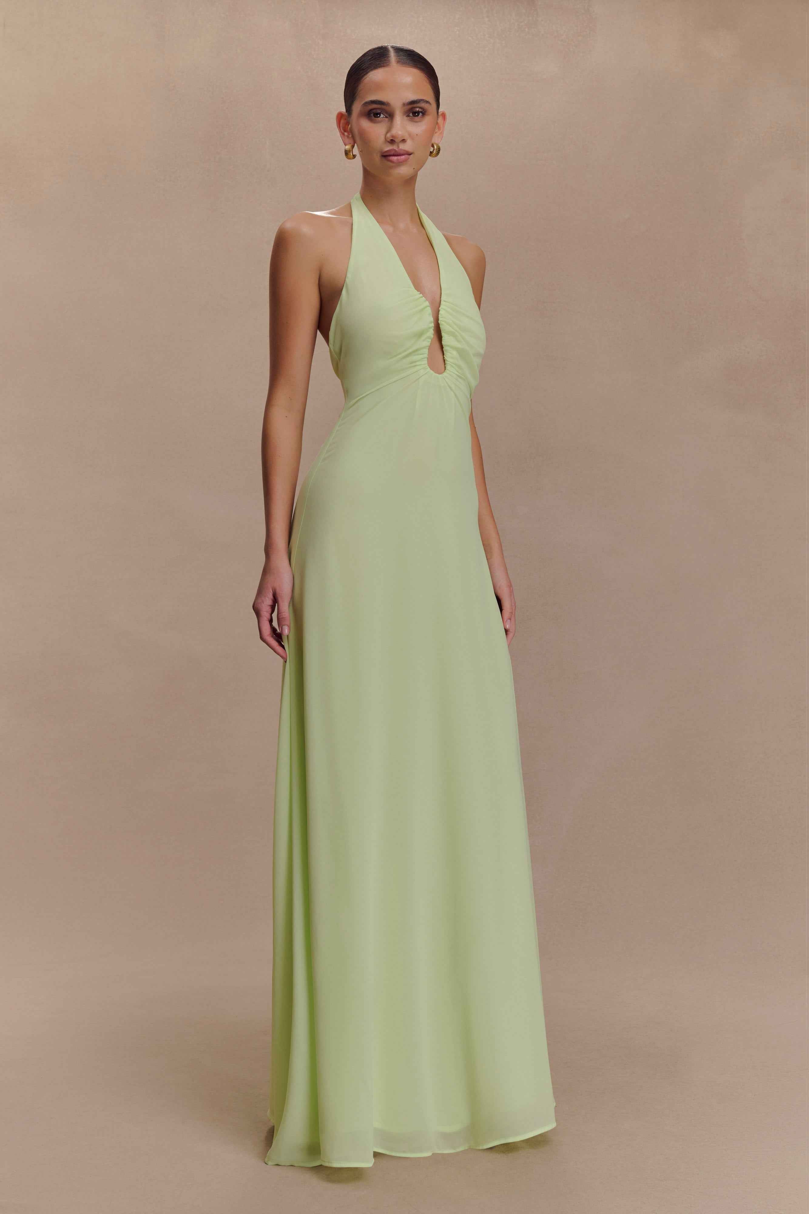 Malakhai Pastel Green Chiffon Halter Maxi Dress