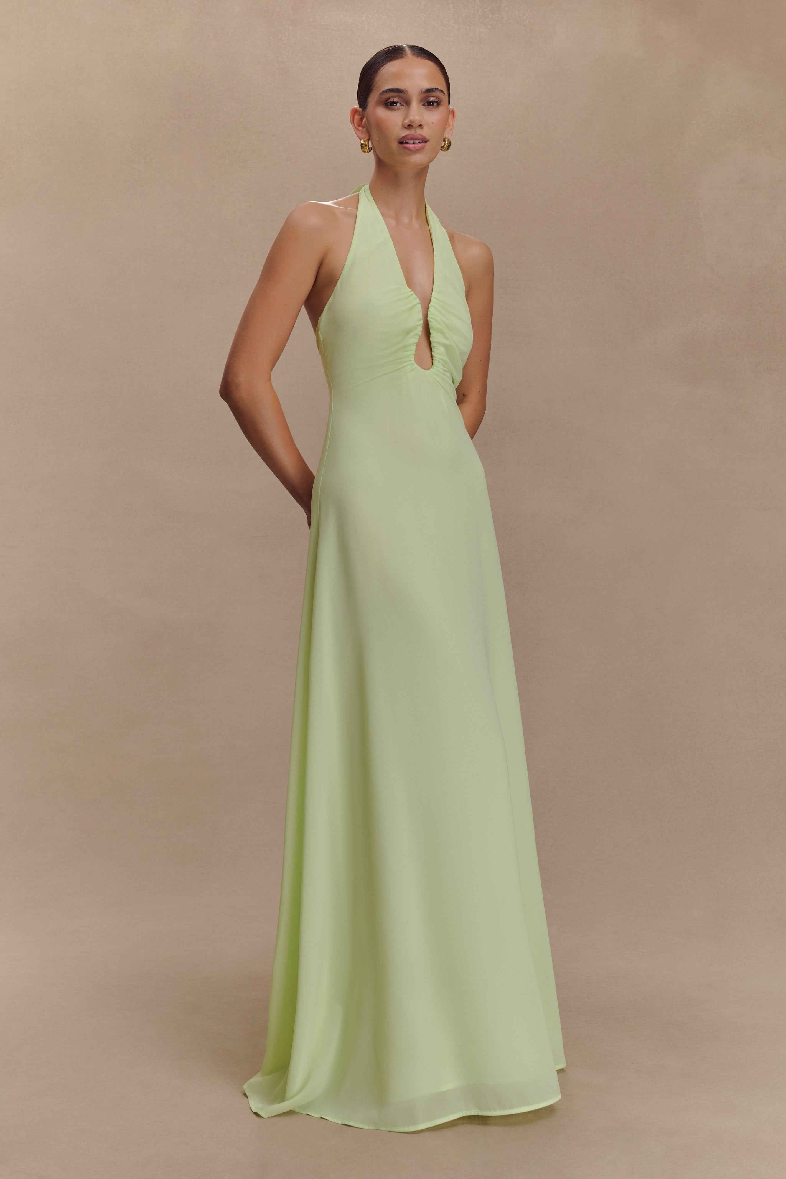 Malakhai Pastel Green Chiffon Halter Maxi Dress