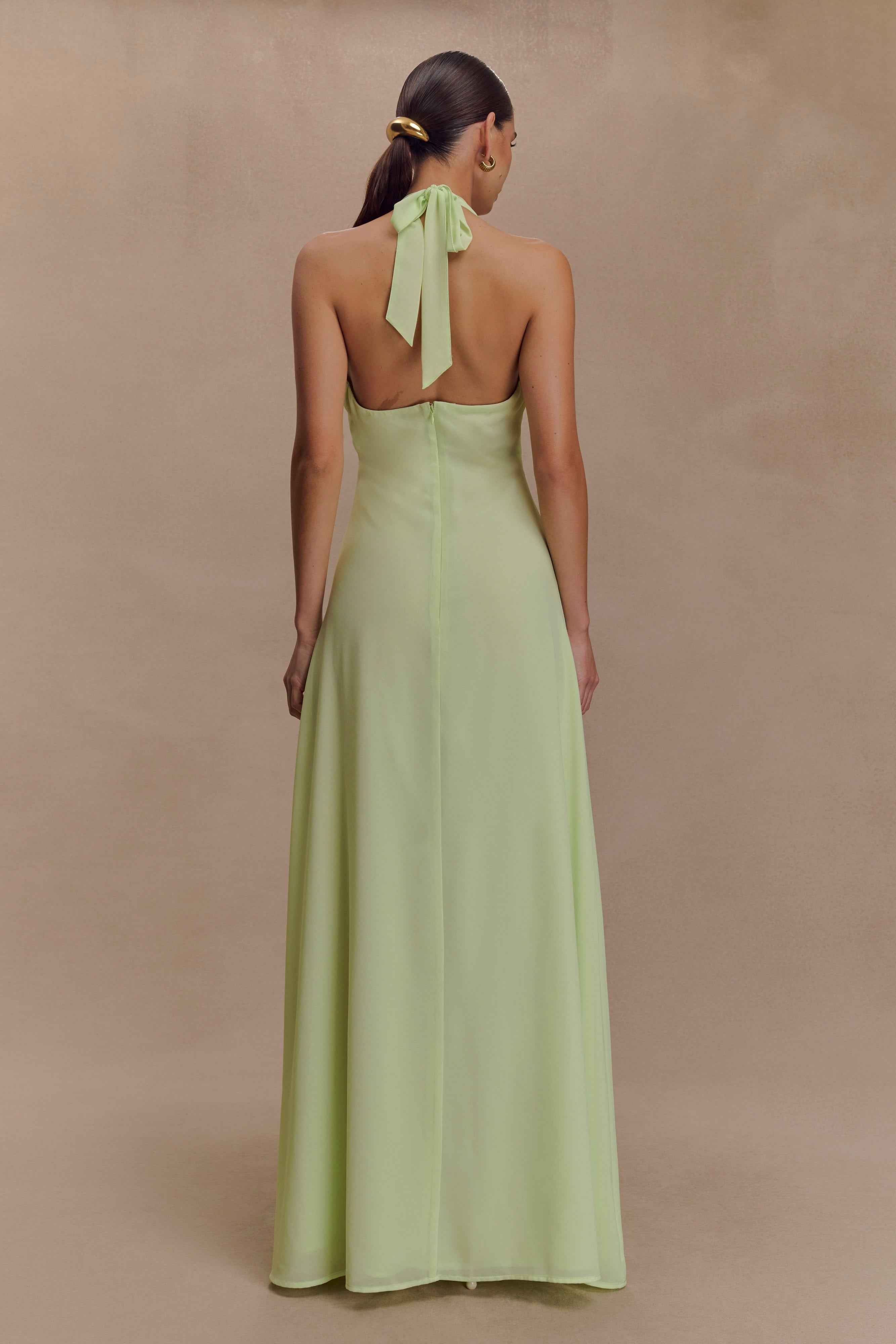 Malakhai Pastel Green Chiffon Halter Maxi Dress