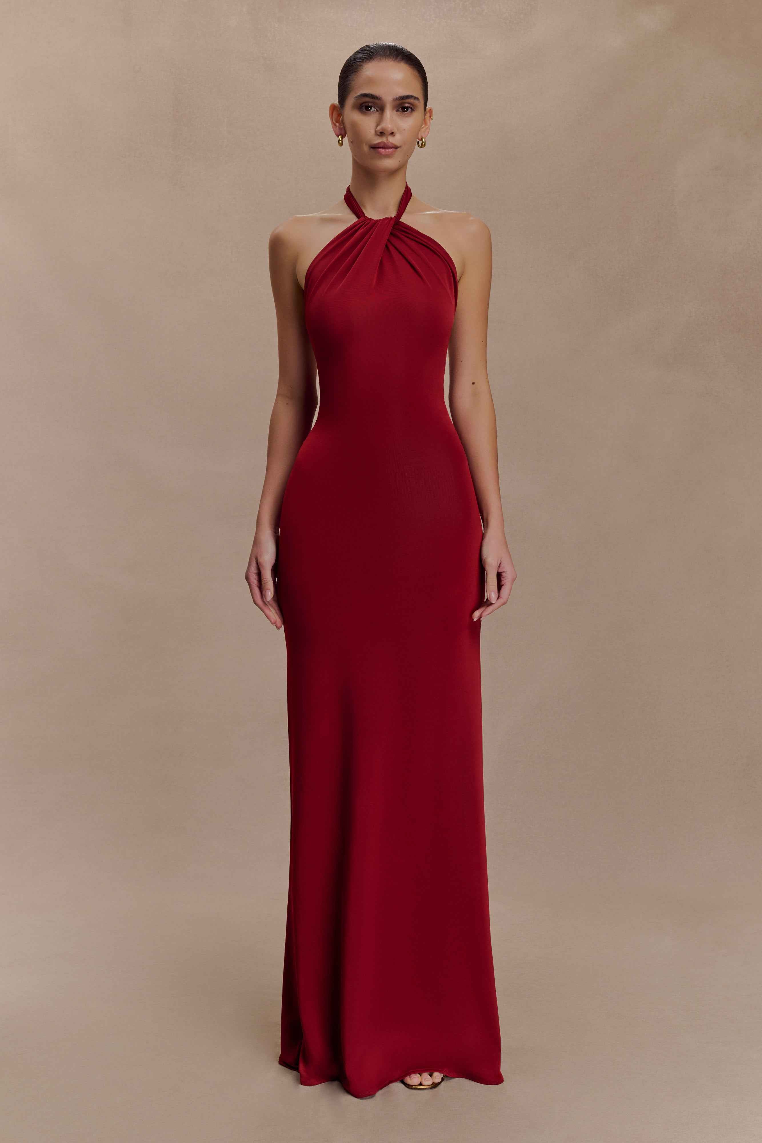 Elyna Deep Red Slinky Halter Maxi Dress
