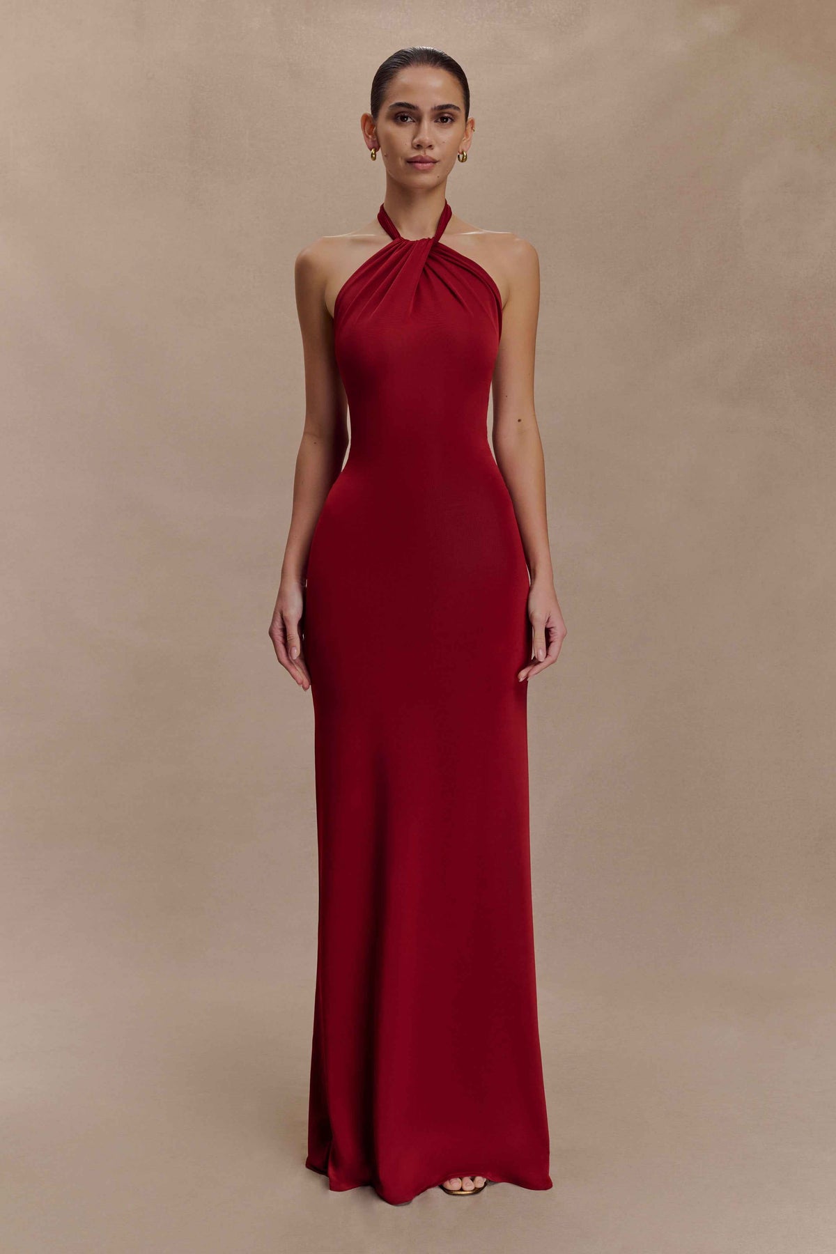 Elyna Deep Red Slinky Halter Maxi Dress