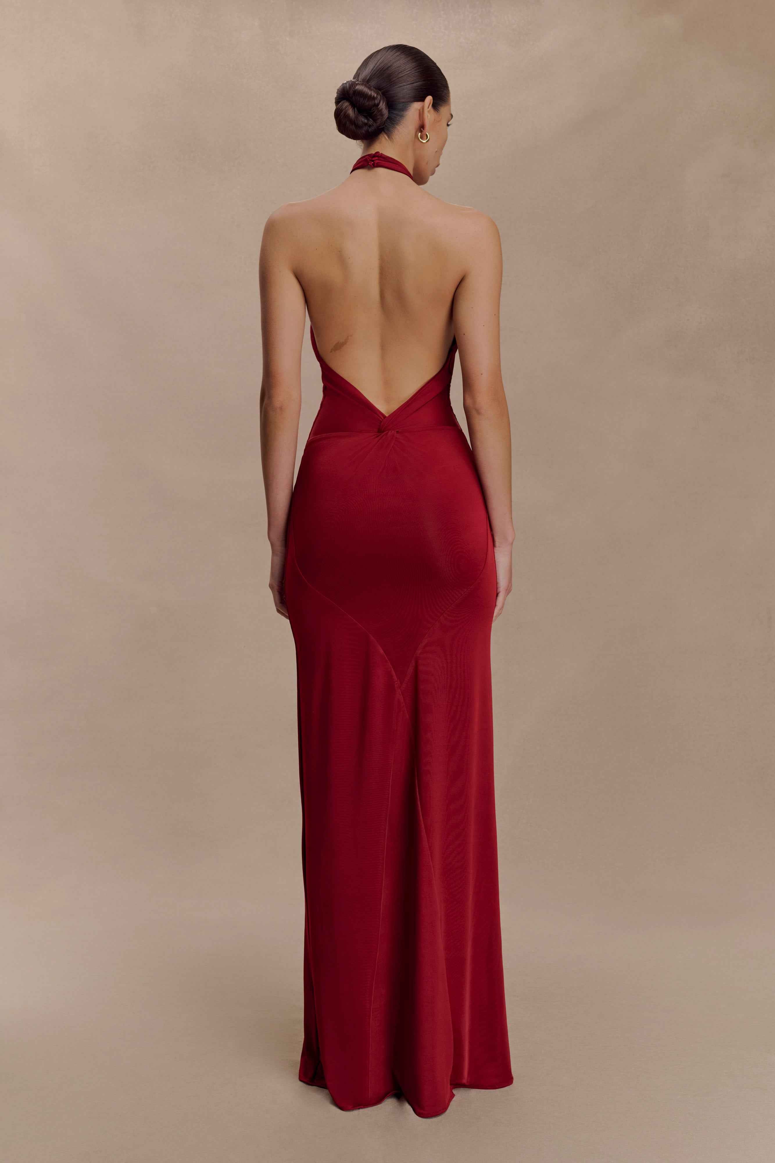 Elyna Deep Red Slinky Halter Maxi Dress