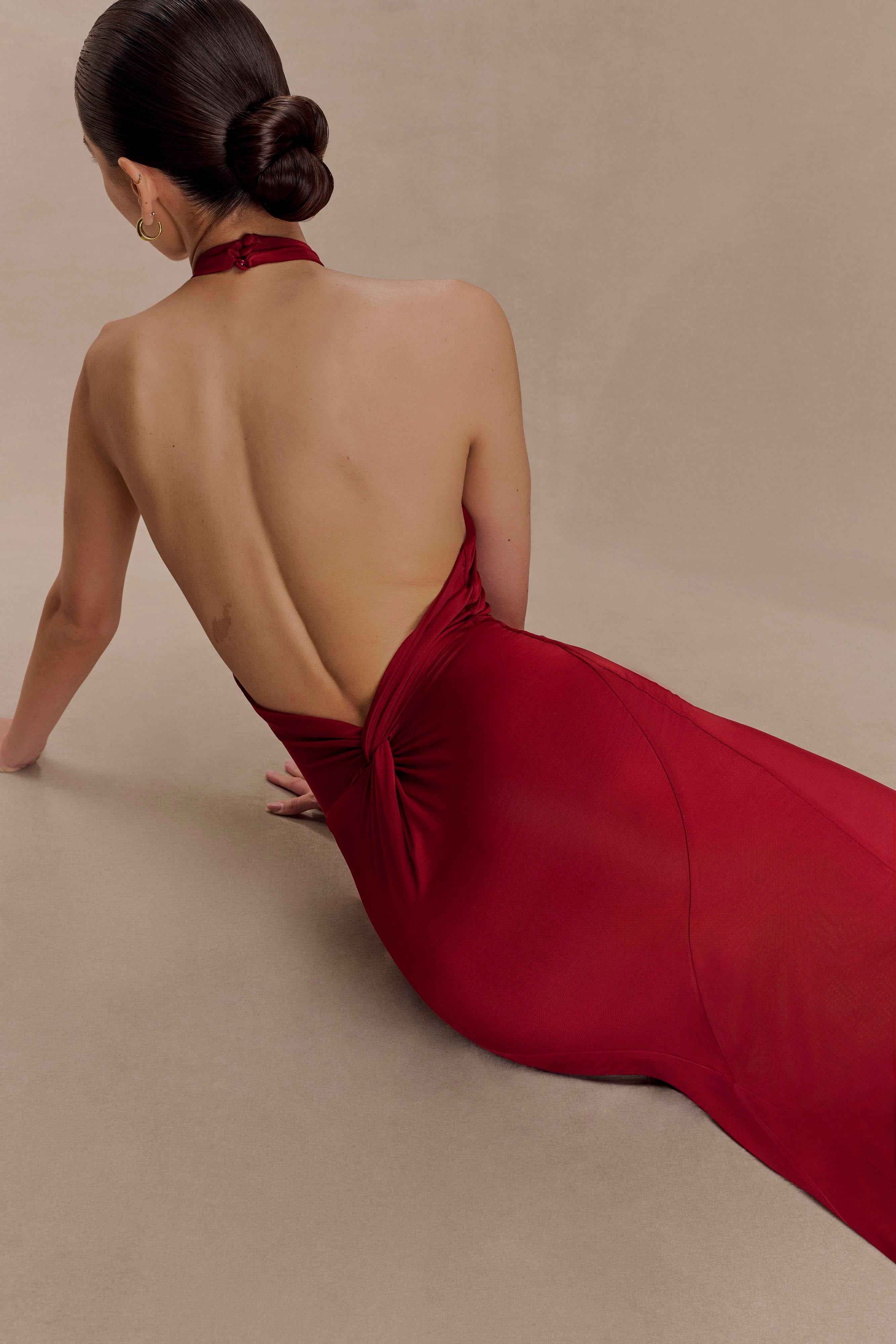 Elyna Deep Red Slinky Halter Maxi Dress