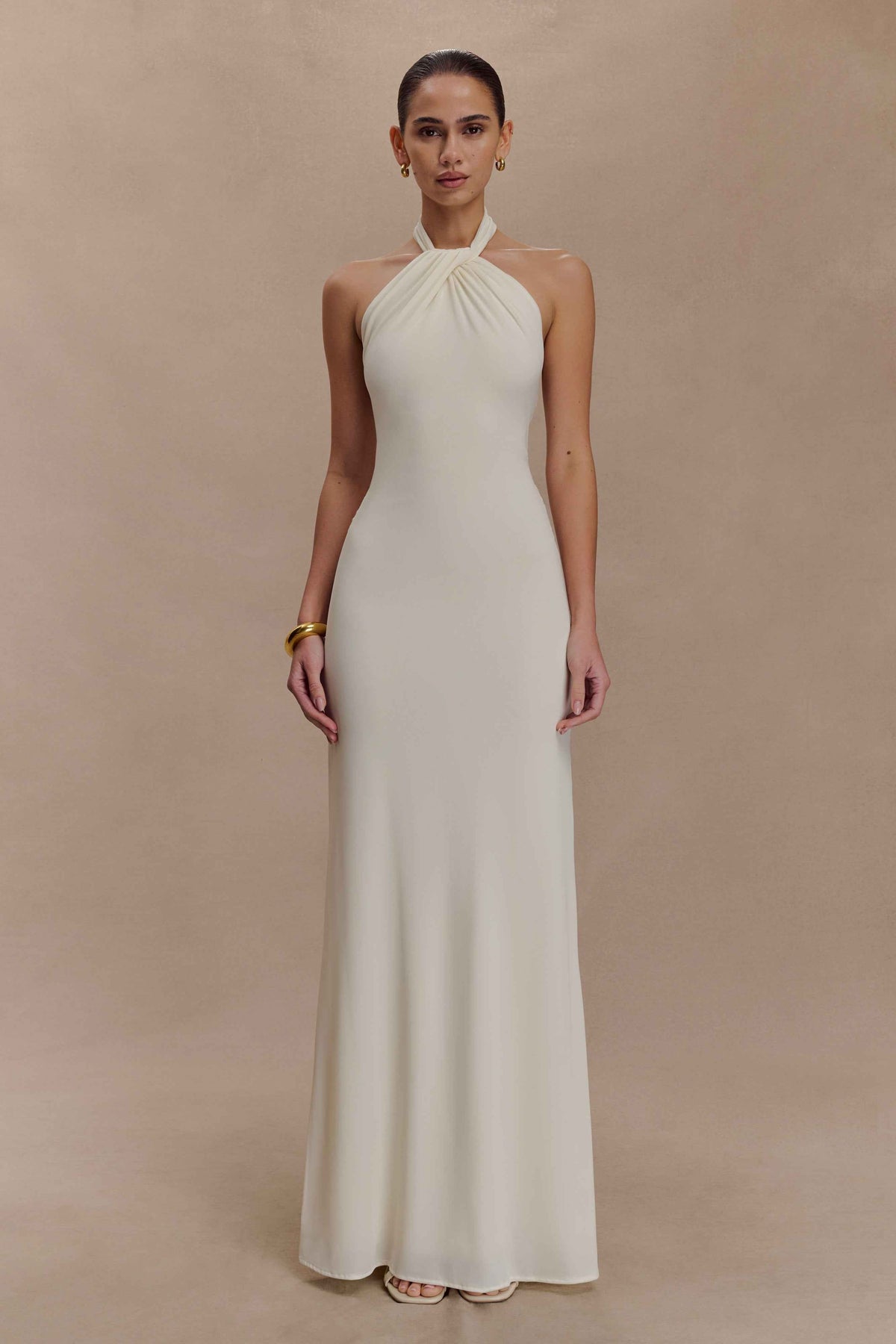 Elyna Ivory Slinky Halter Maxi Dress