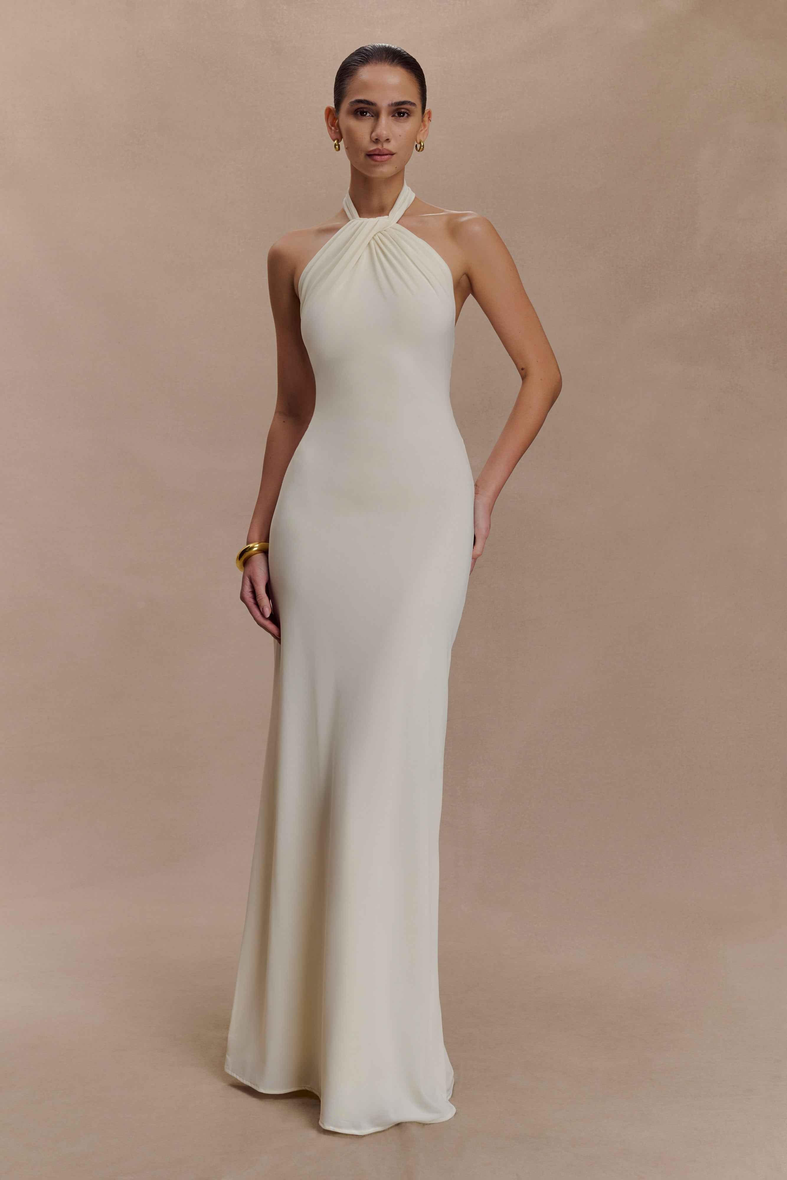 Elyna Ivory Slinky Halter Maxi Dress