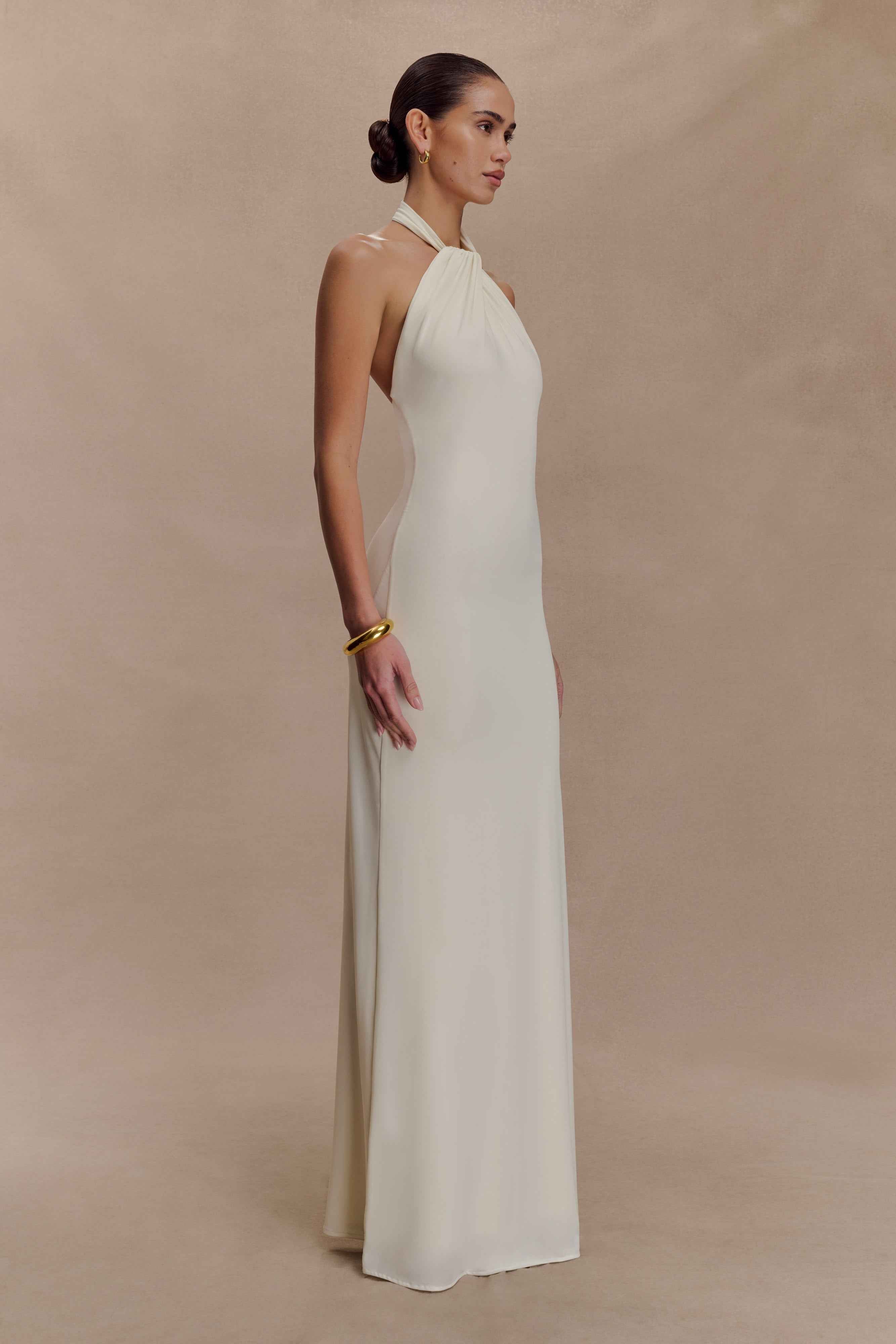 Elyna Ivory Slinky Halter Maxi Dress