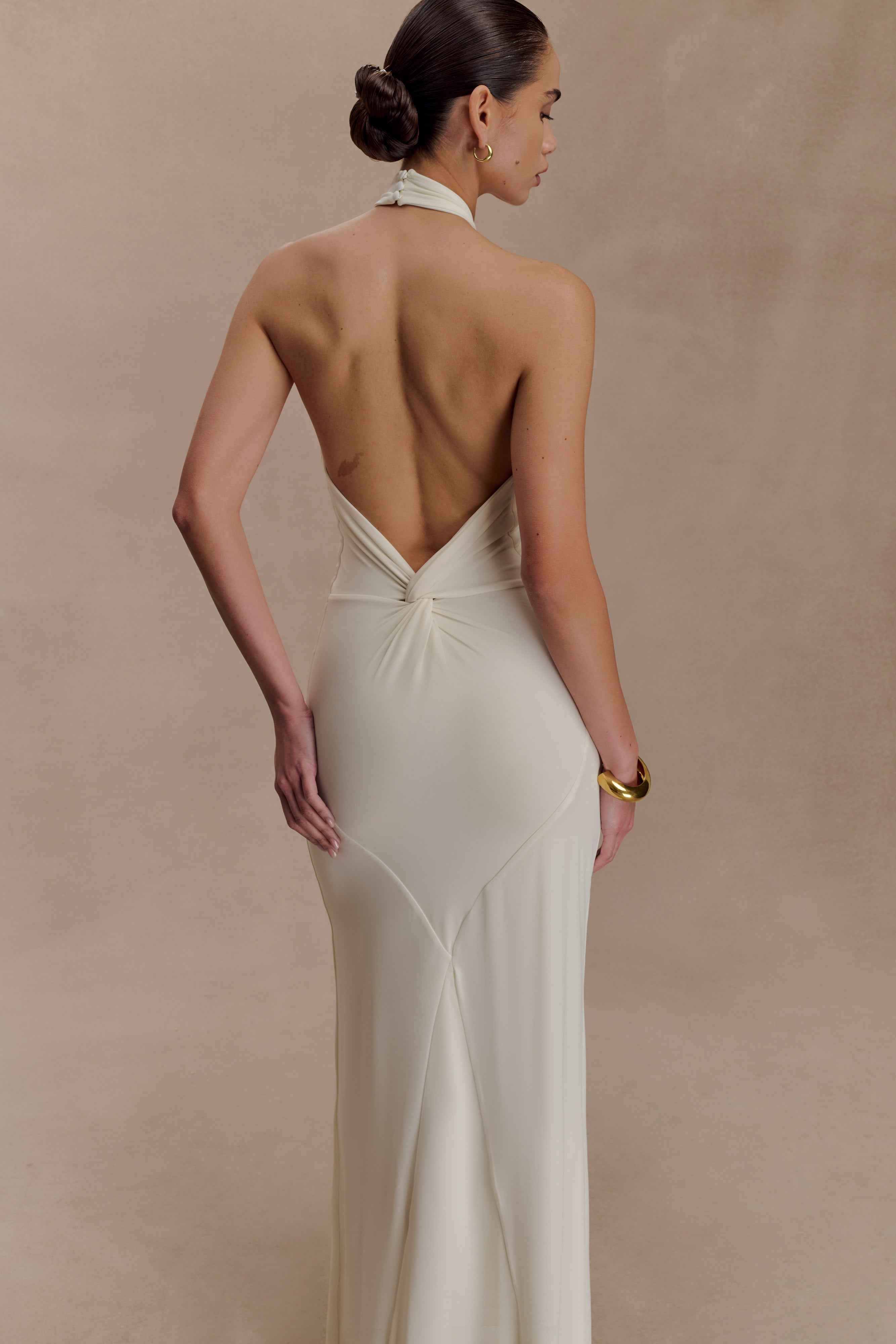 Elyna Ivory Slinky Halter Maxi Dress