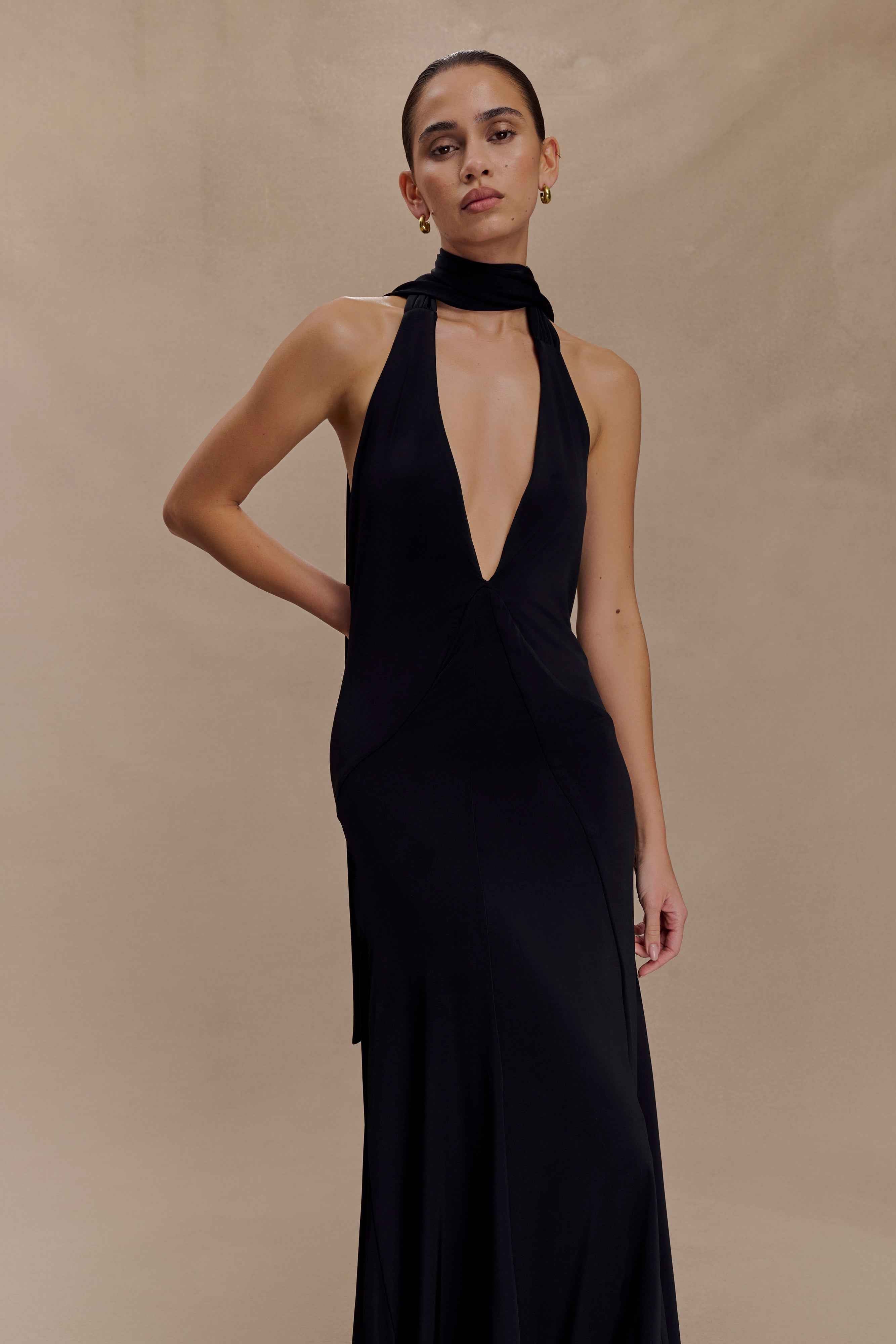 Juliet Black Slinky Maxi Dress with Scarf