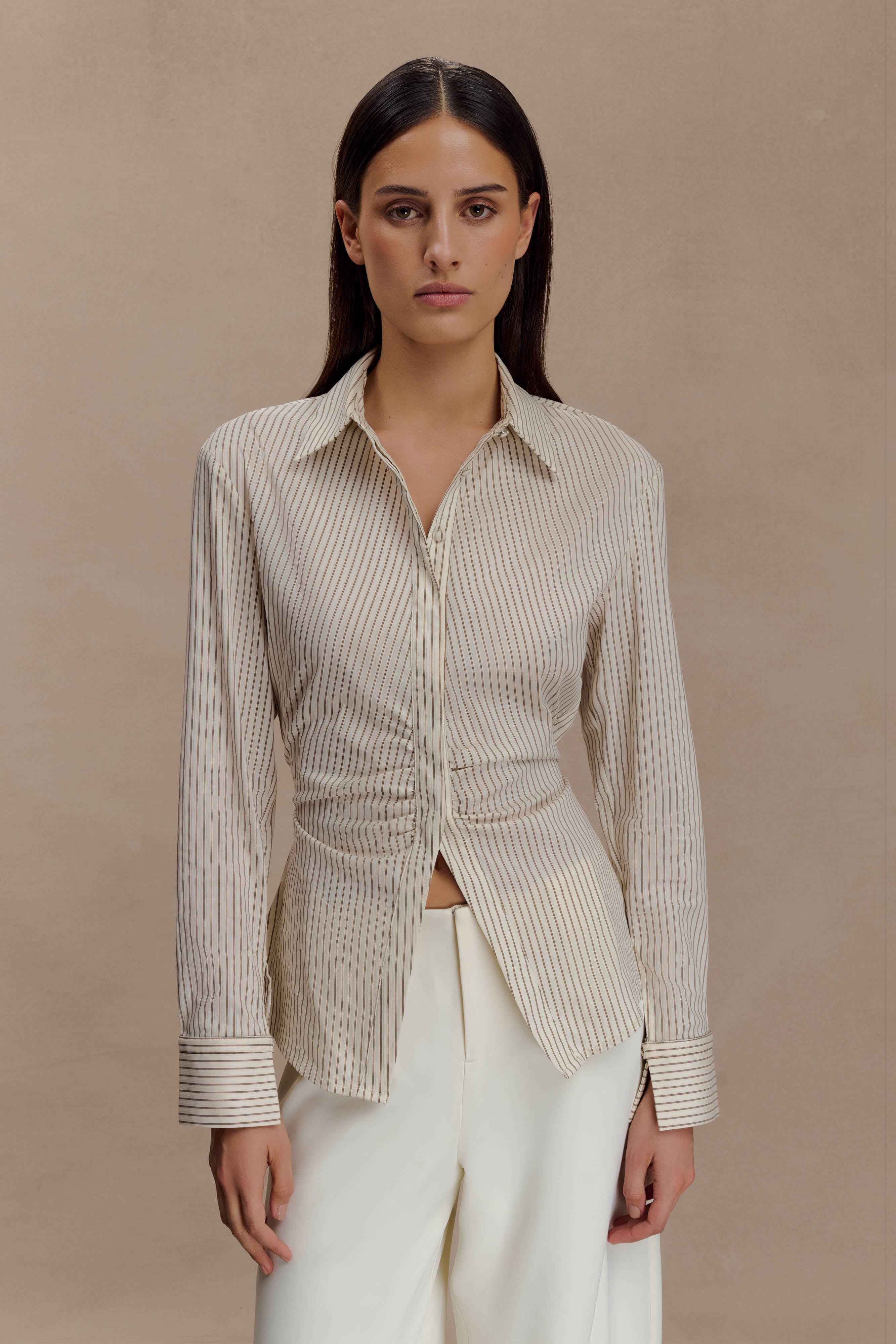 Millie Beige Pinstripe Tie Back Shirt