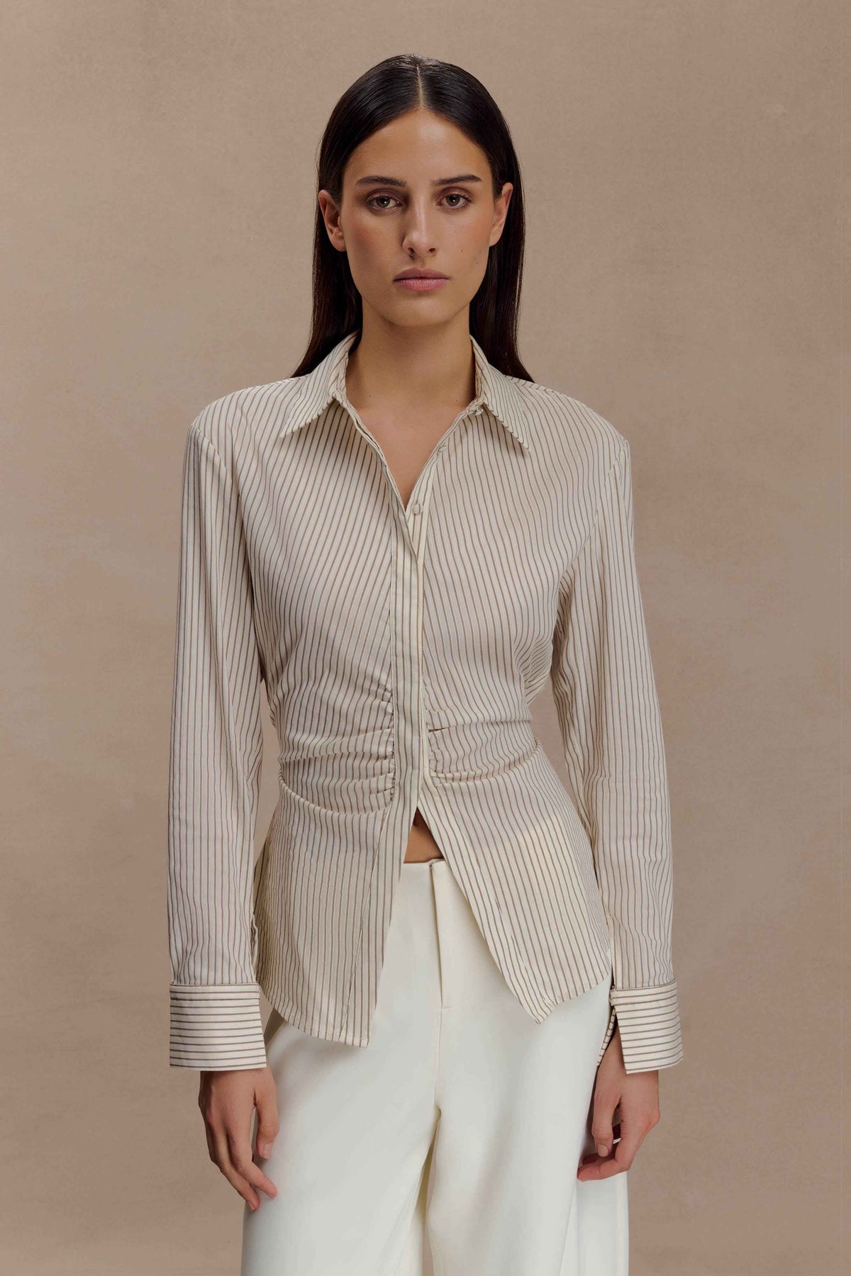 Millie Beige Pinstripe Tie Back Shirt