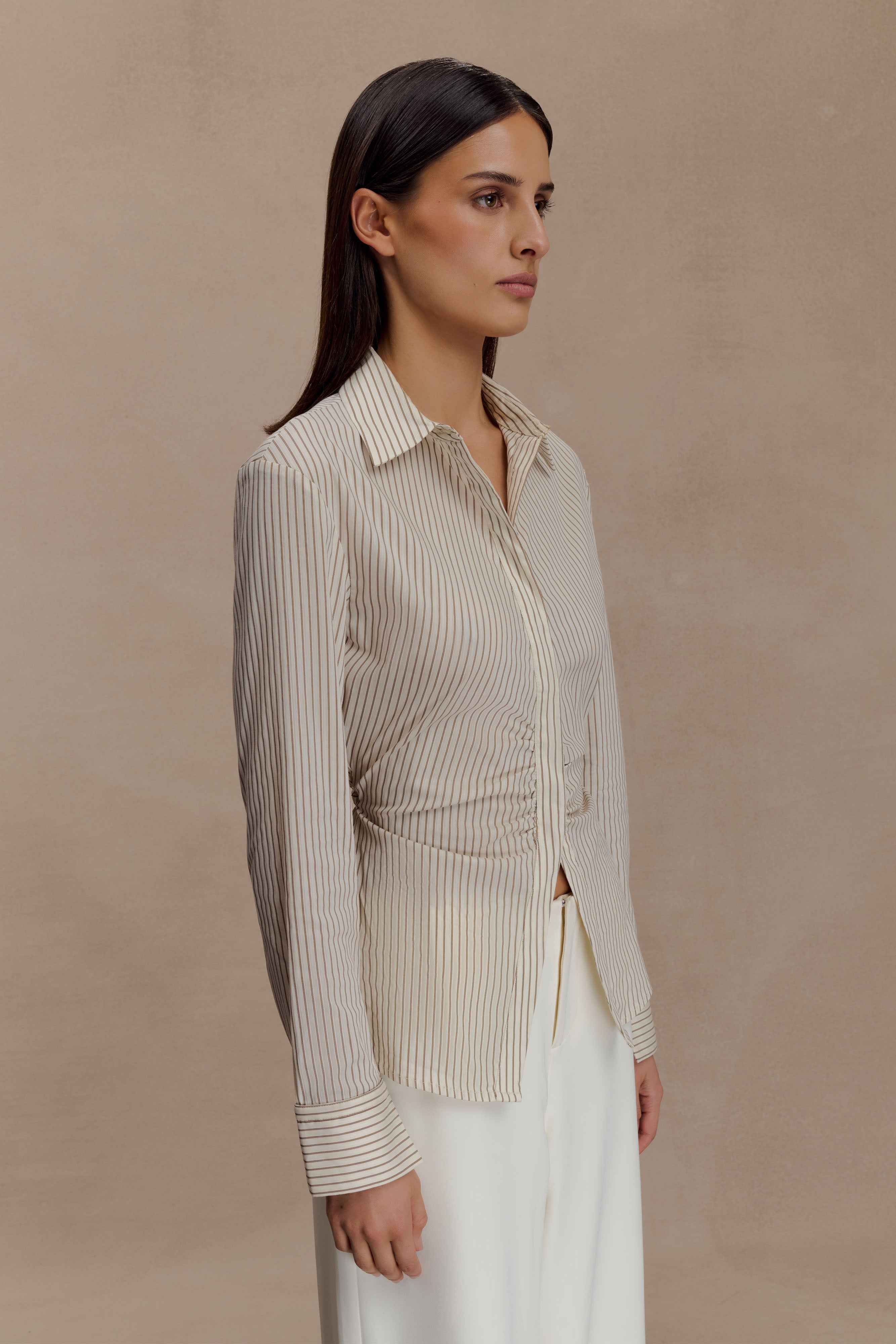 Millie Beige Pinstripe Tie Back Shirt