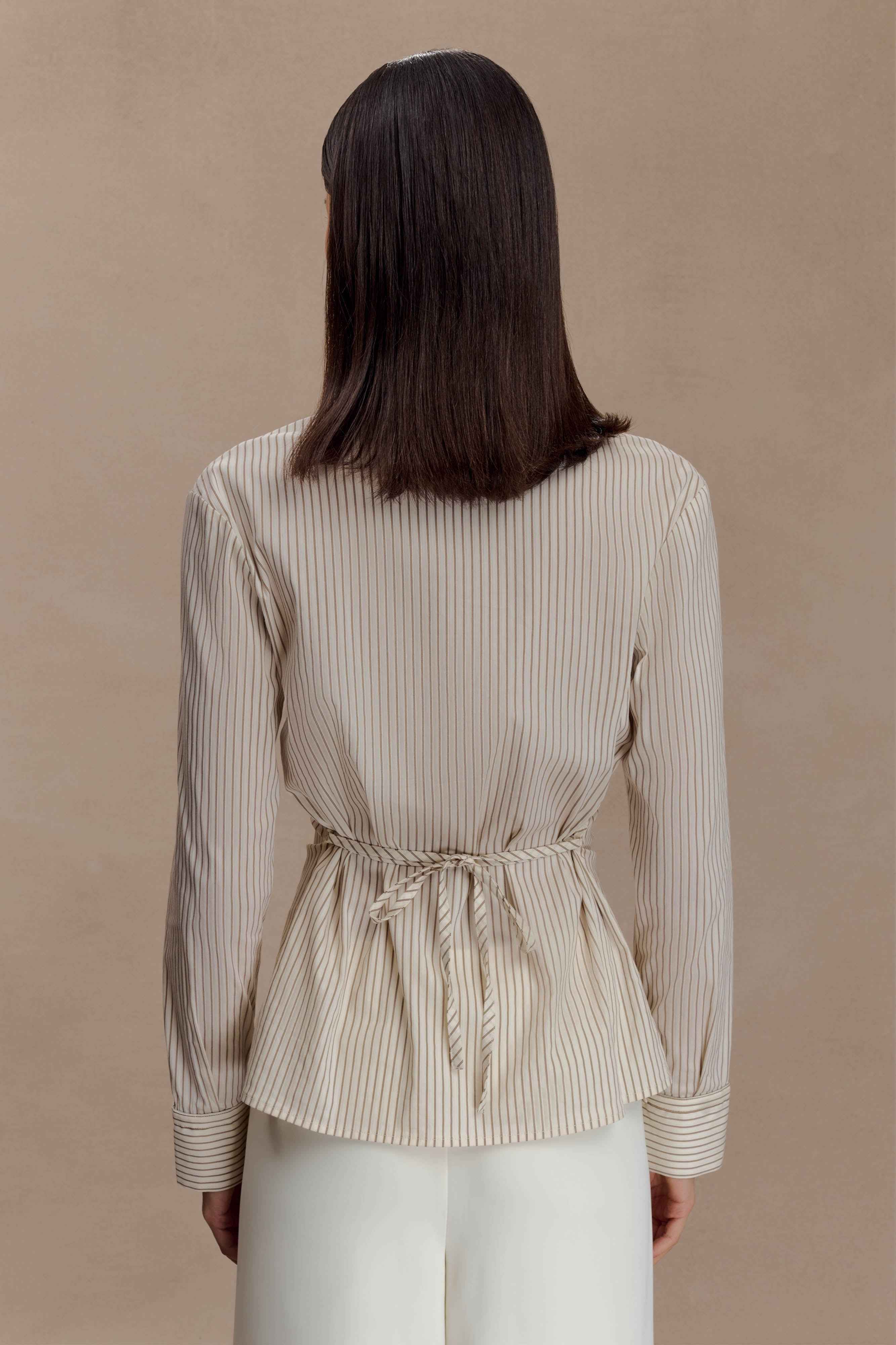 Millie Beige Pinstripe Tie Back Shirt