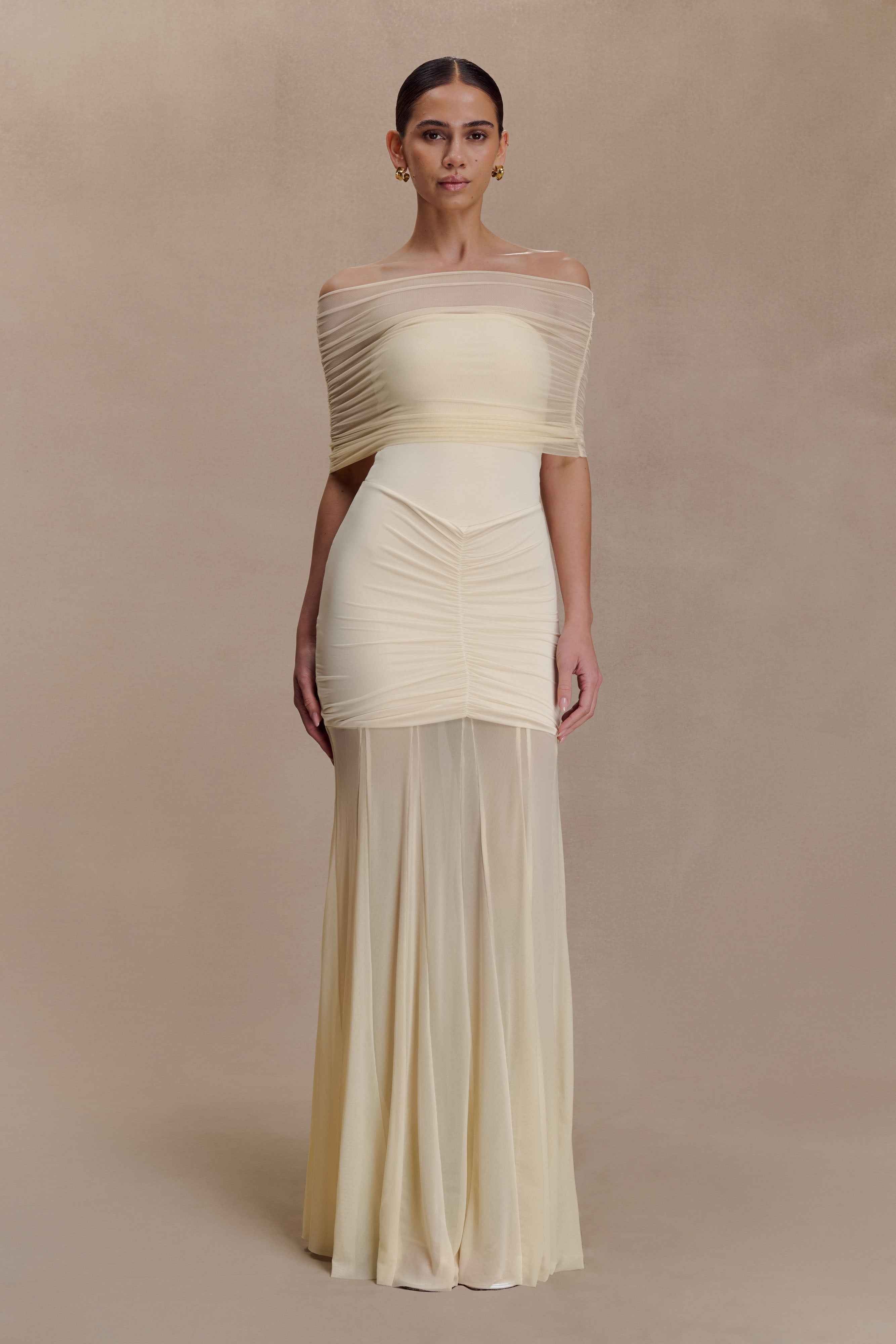 Caspian Ivory Off Shoulder Maxi Dress
