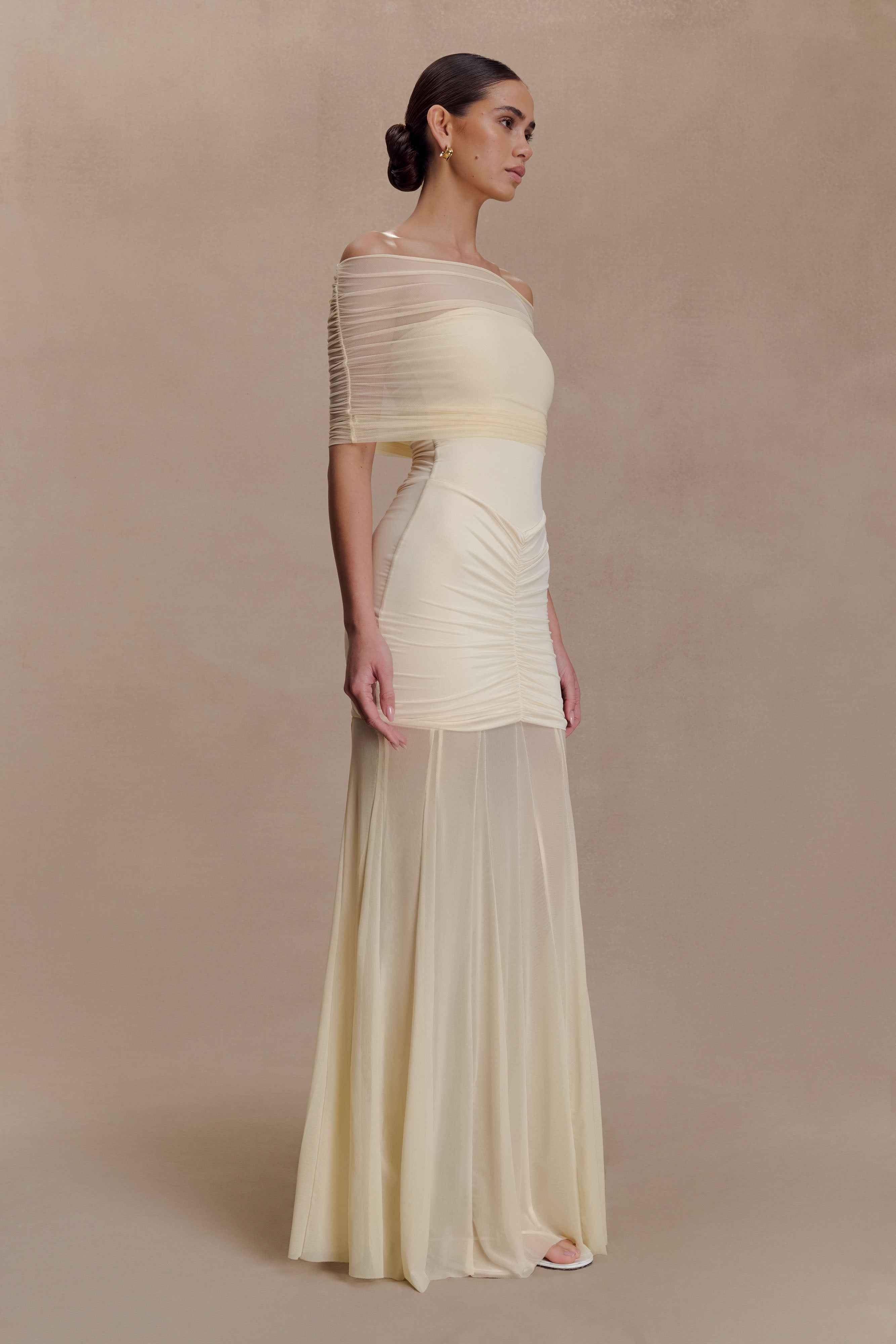 Caspian Ivory Off Shoulder Maxi Dress