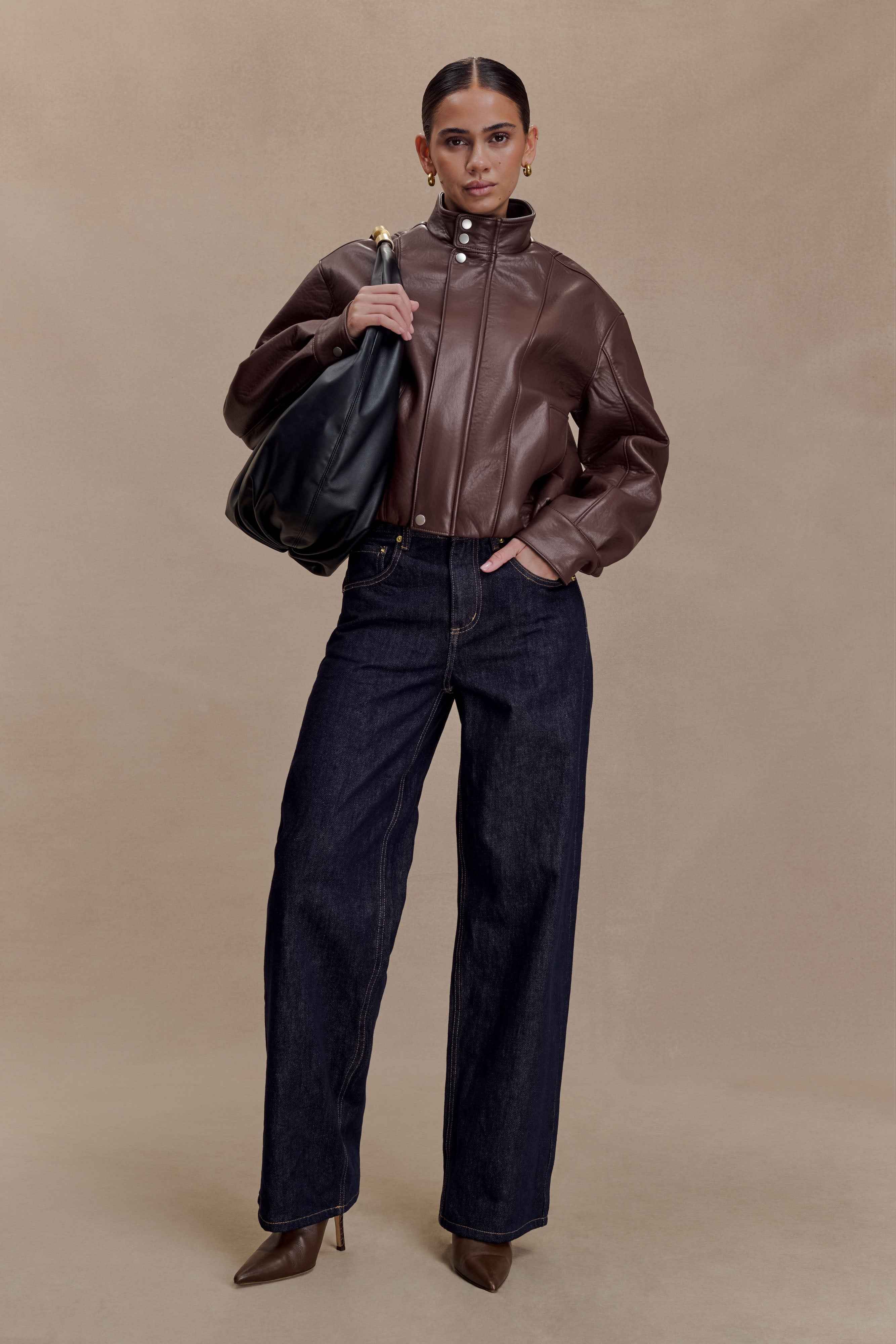 Curtis Dark Chocolate Faux Leather Bomber Jacket