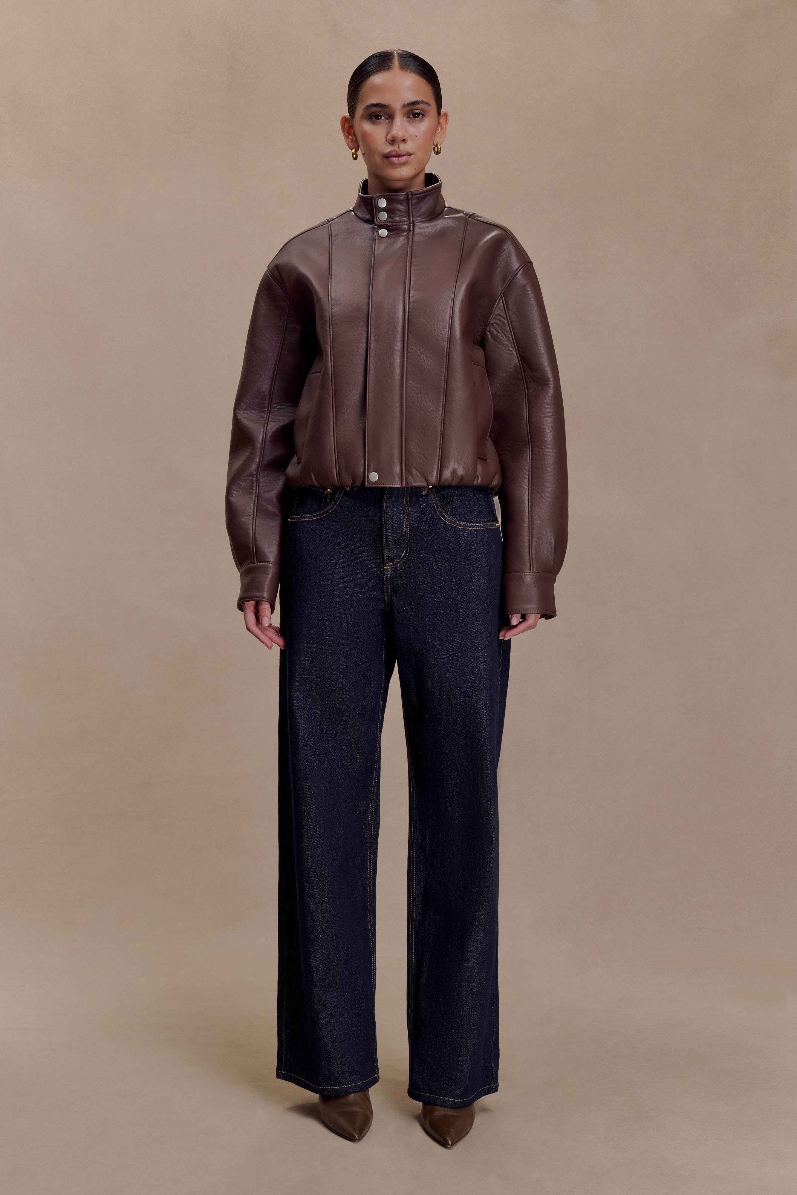 Curtis Dark Chocolate Faux Leather Bomber Jacket