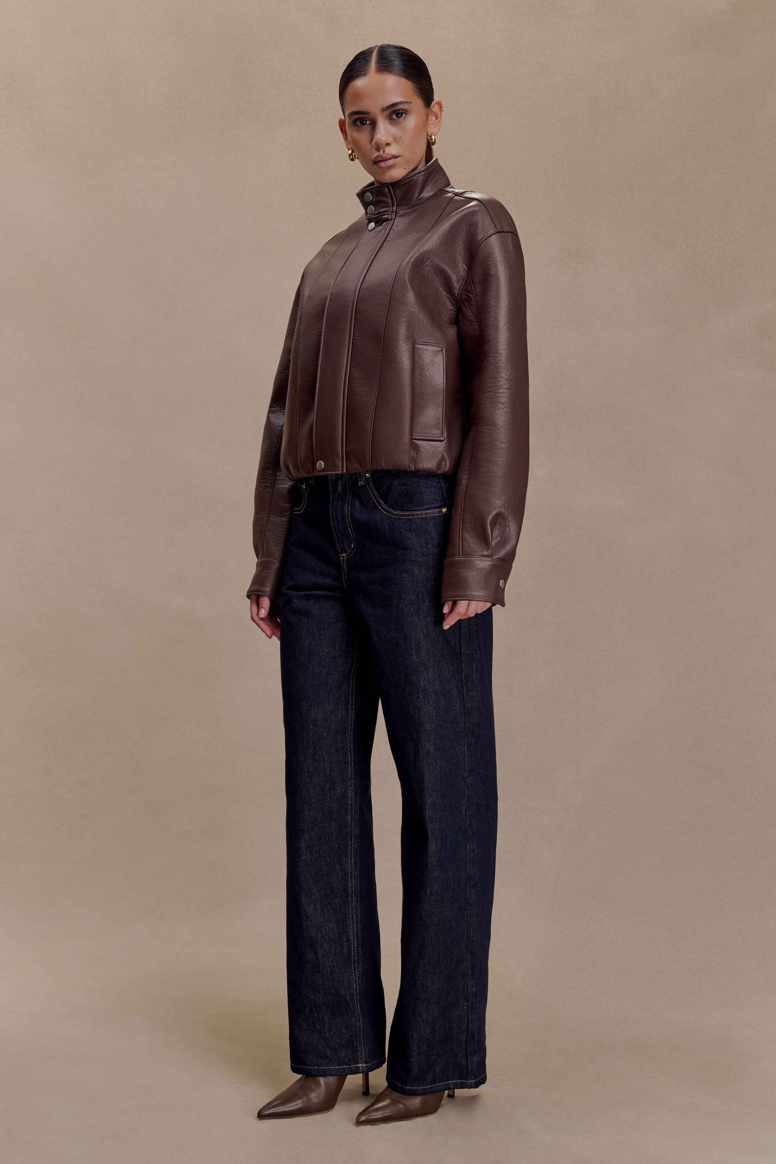 Curtis Dark Chocolate Faux Leather Bomber Jacket