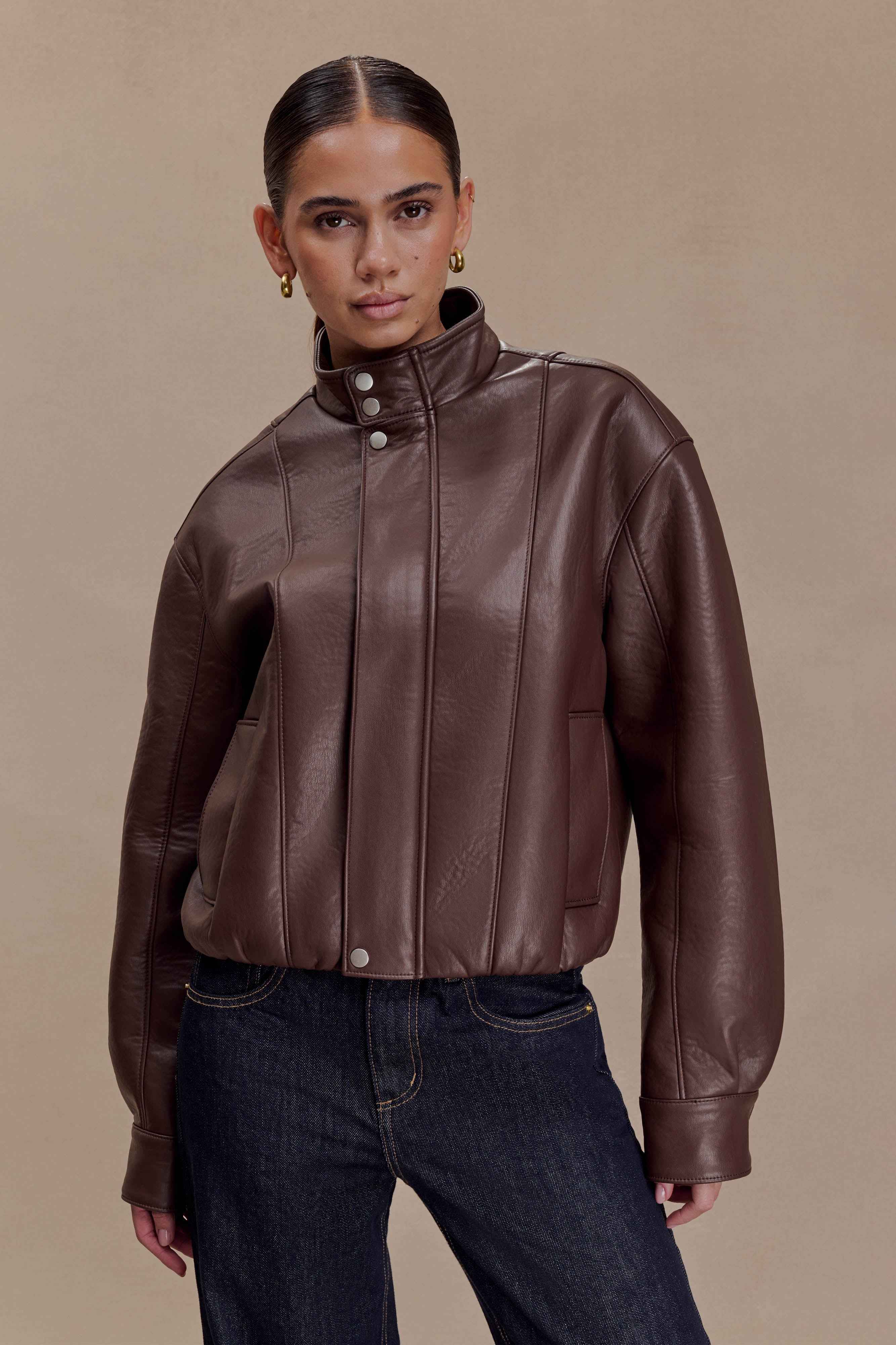 Curtis Dark Chocolate Faux Leather Bomber Jacket