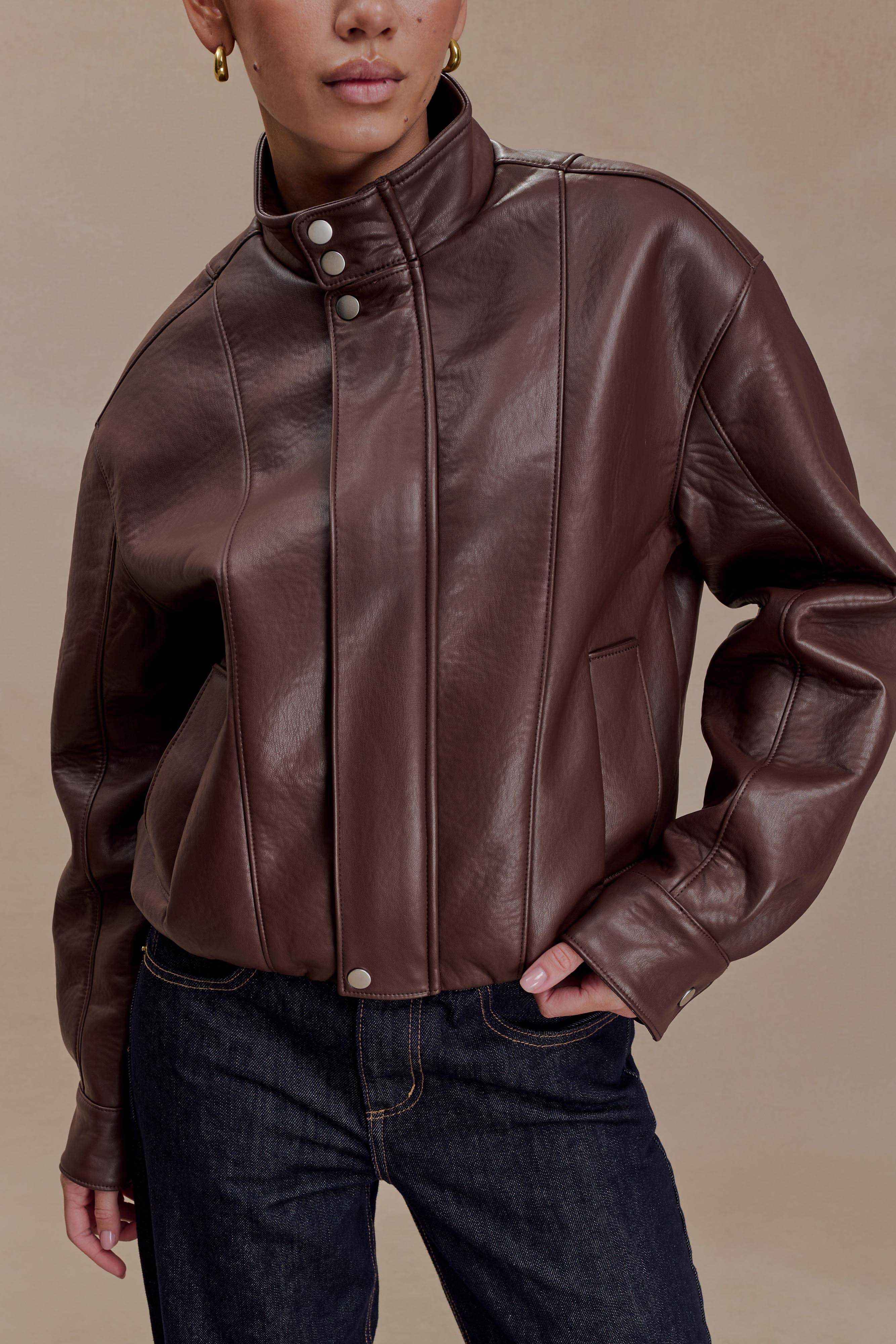 Curtis Dark Chocolate Faux Leather Bomber Jacket