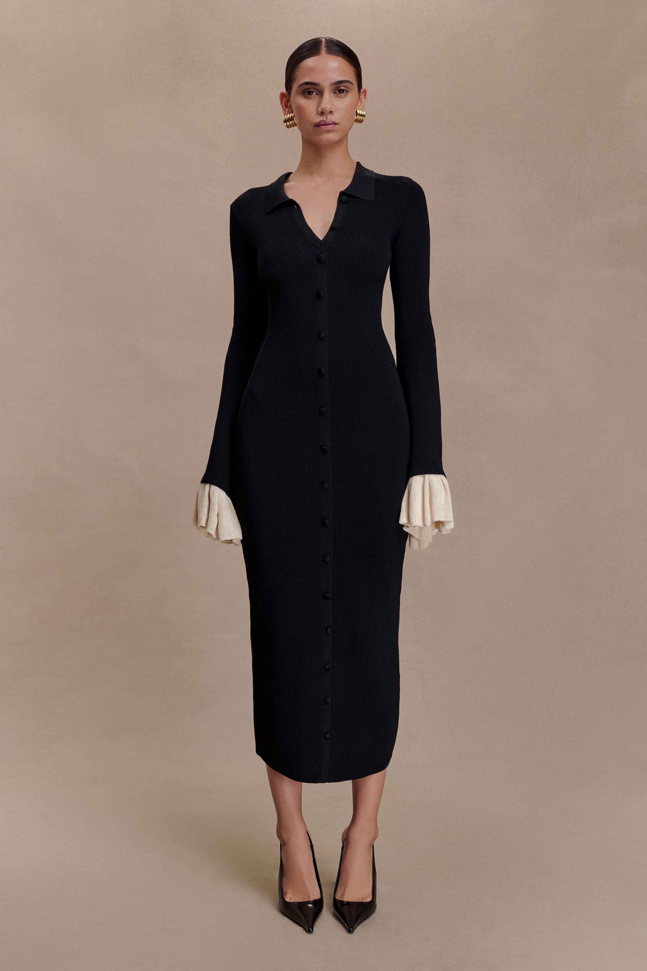 Amirose Black Ruffle Knit Midi Dress