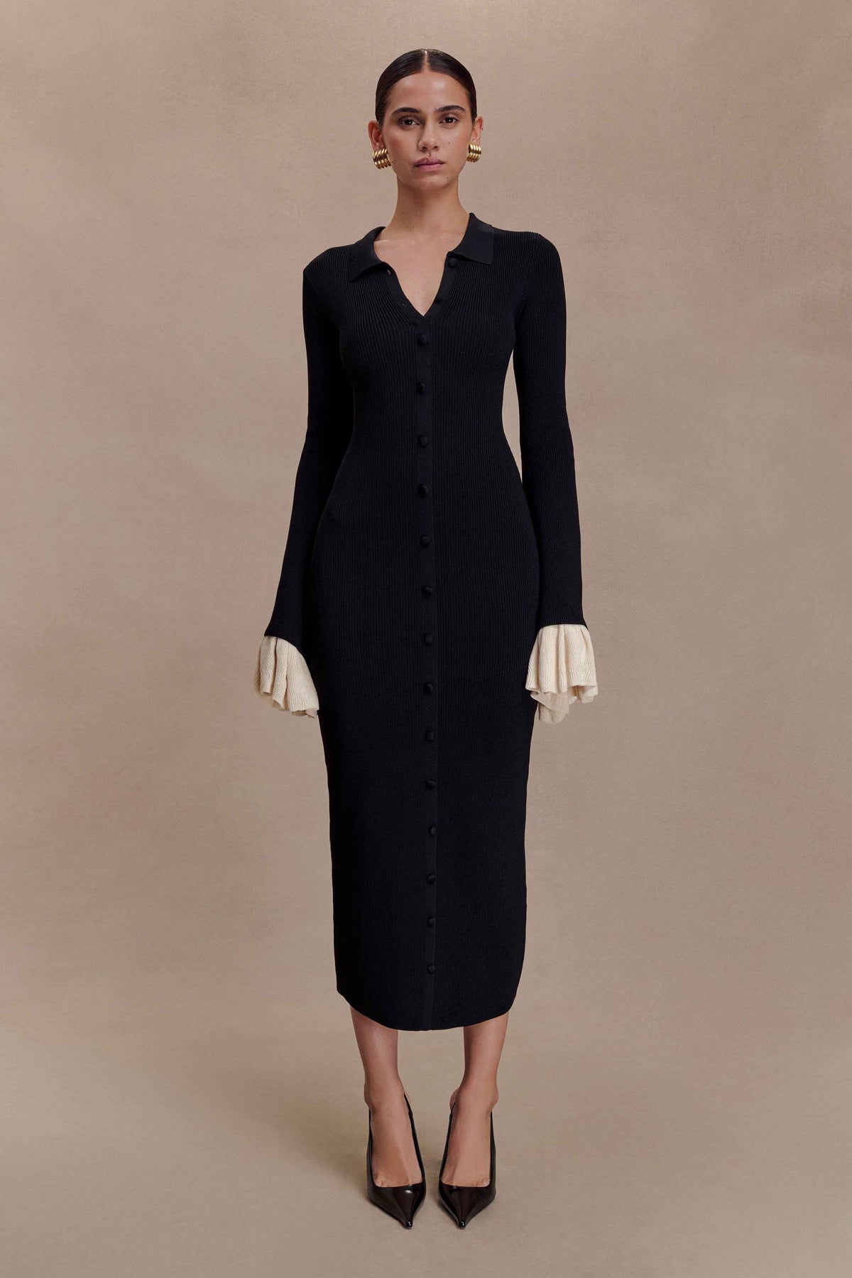 Amirose Black Ruffle Knit Midi Dress