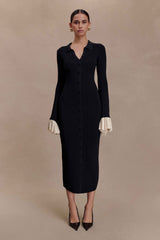 Amirose Black Ruffle Knit Midi Dress