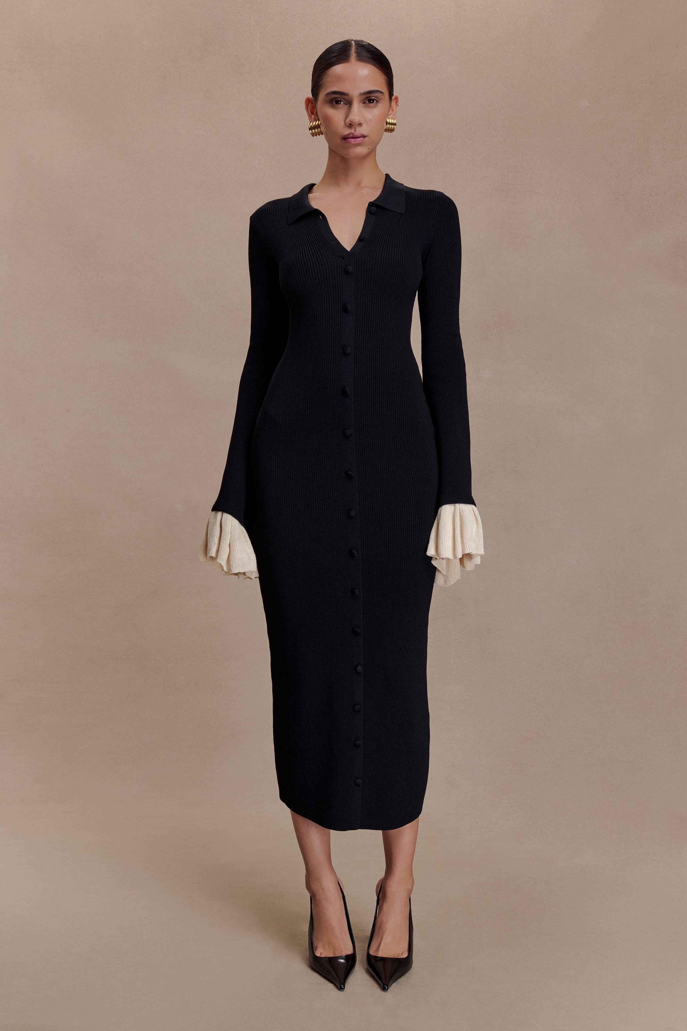 Amirose Black Ruffle Knit Midi Dress