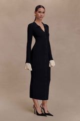 Amirose Black Ruffle Knit Midi Dress