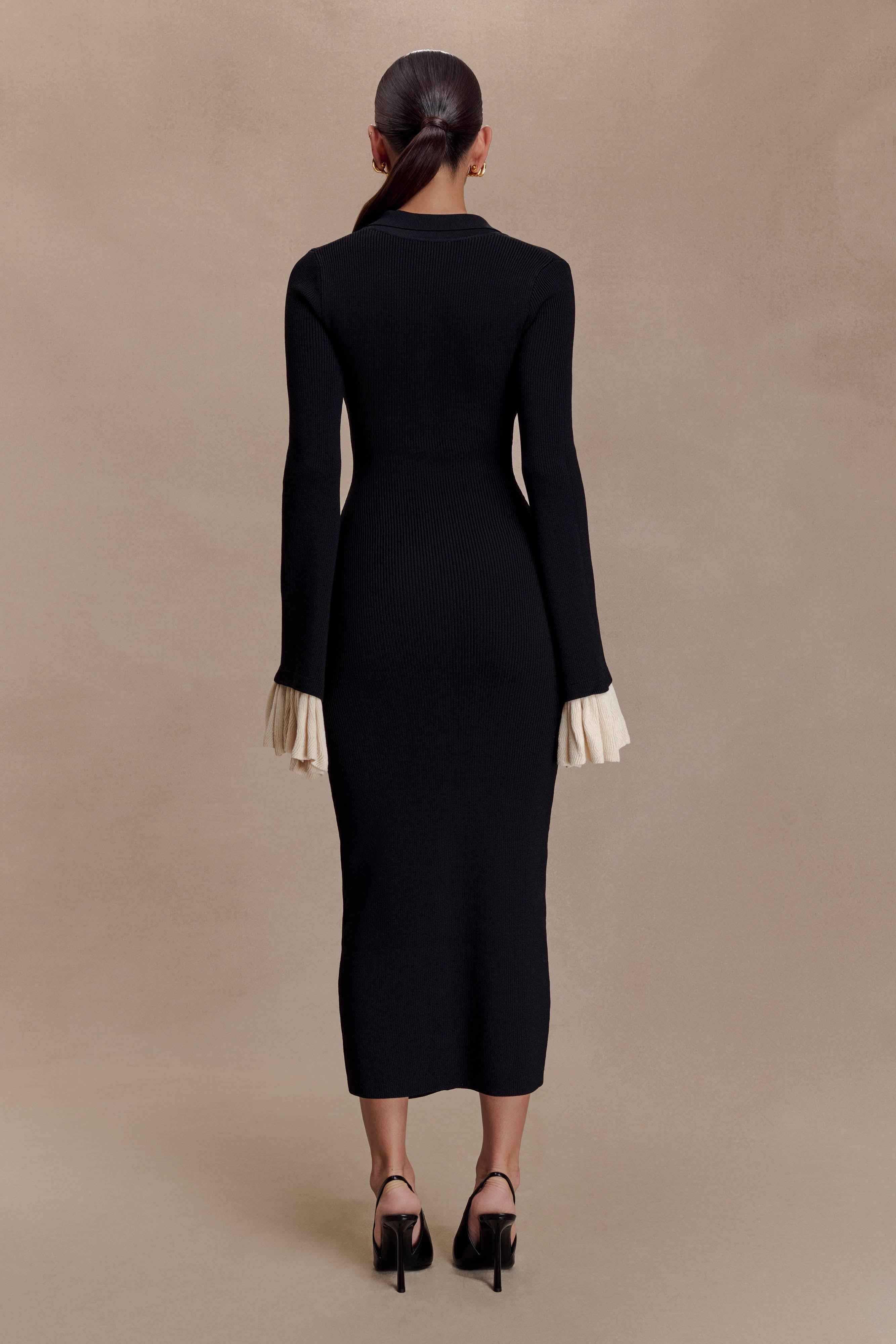 Amirose Black Ruffle Knit Midi Dress