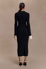 Amirose Black Ruffle Knit Midi Dress