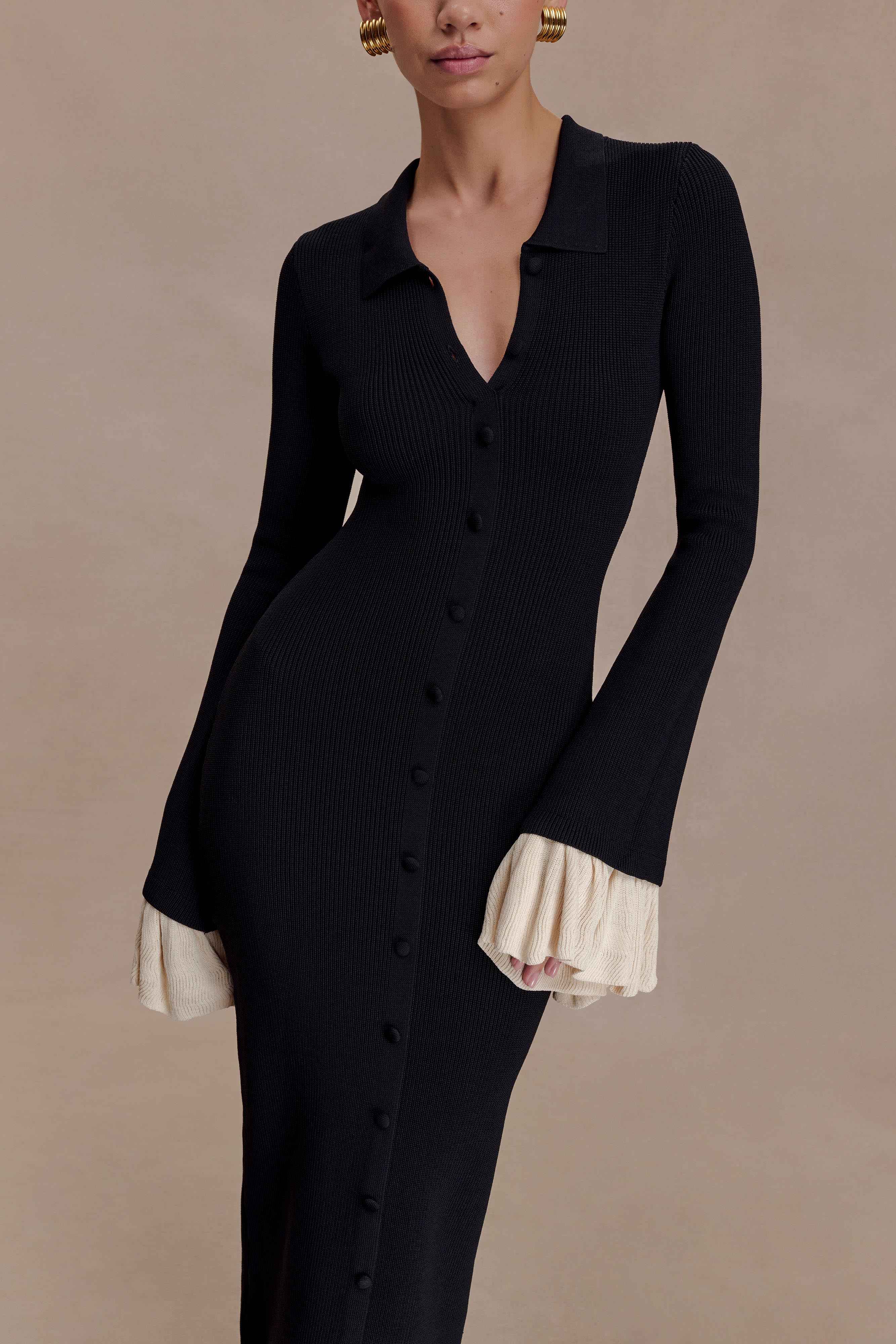 Amirose Black Ruffle Knit Midi Dress