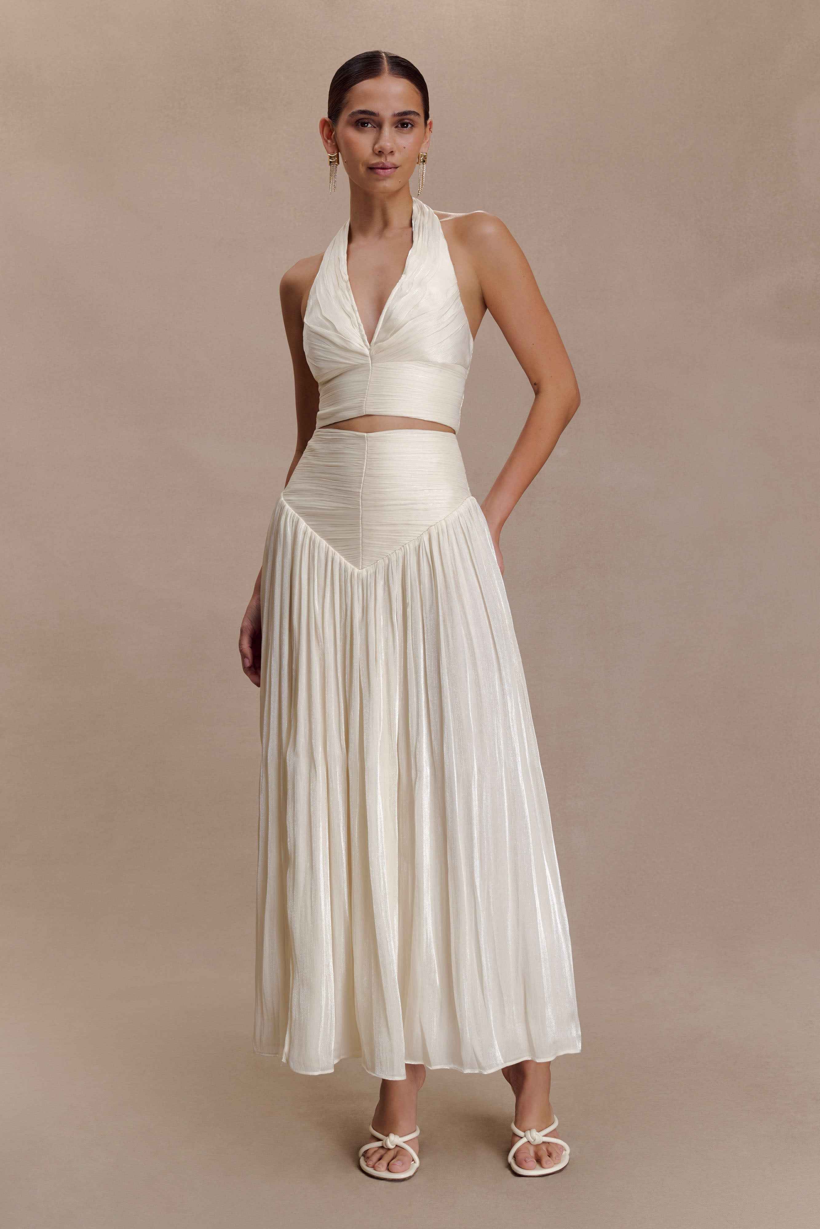 Makena Opal White Gathered V Neck Top