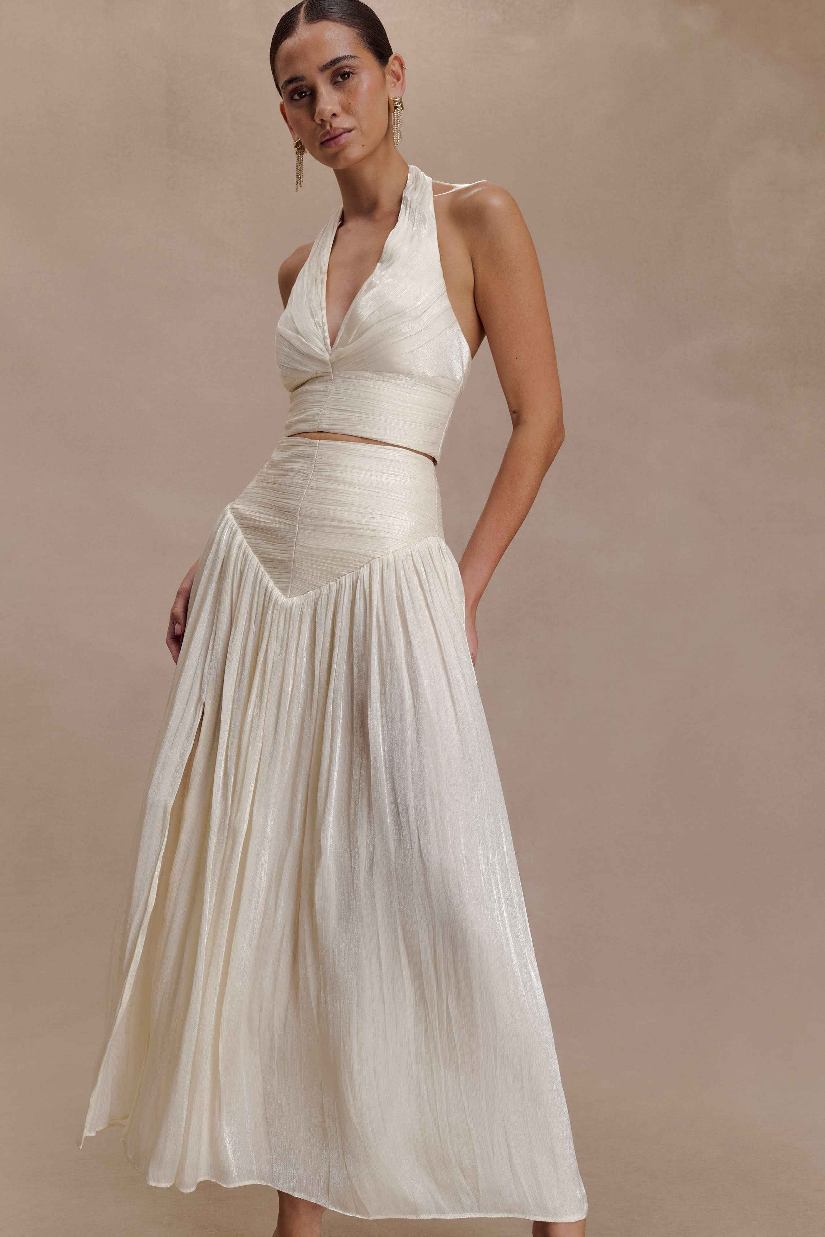 Makena Opal White Gathered V Neck Top
