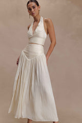 Makena Opal White Gathered V Neck Top