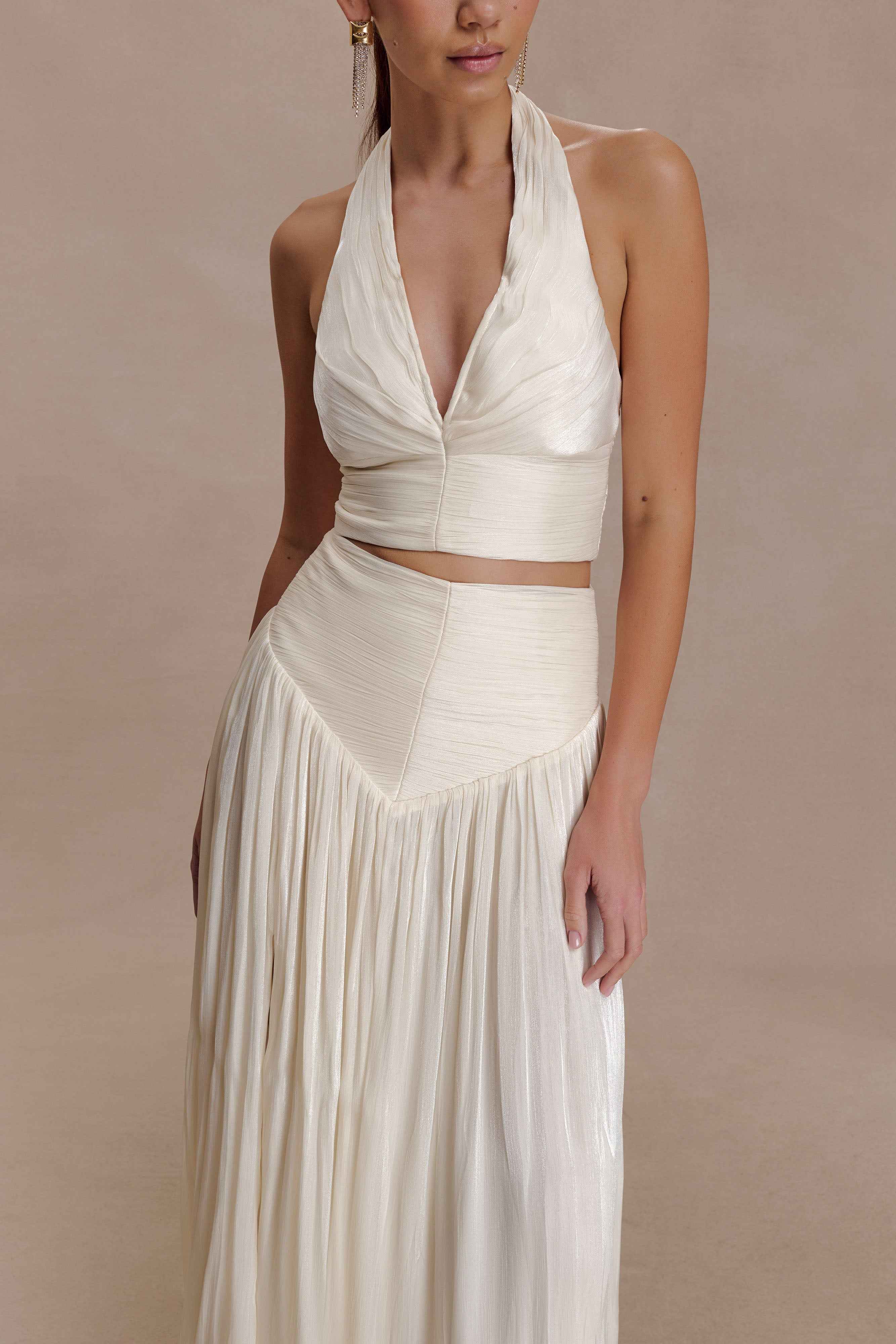 Makena Opal White Gathered V Neck Top