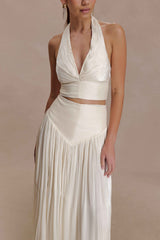 Makena Opal White Gathered V Neck Top