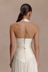 Makena Opal White Gathered V Neck Top