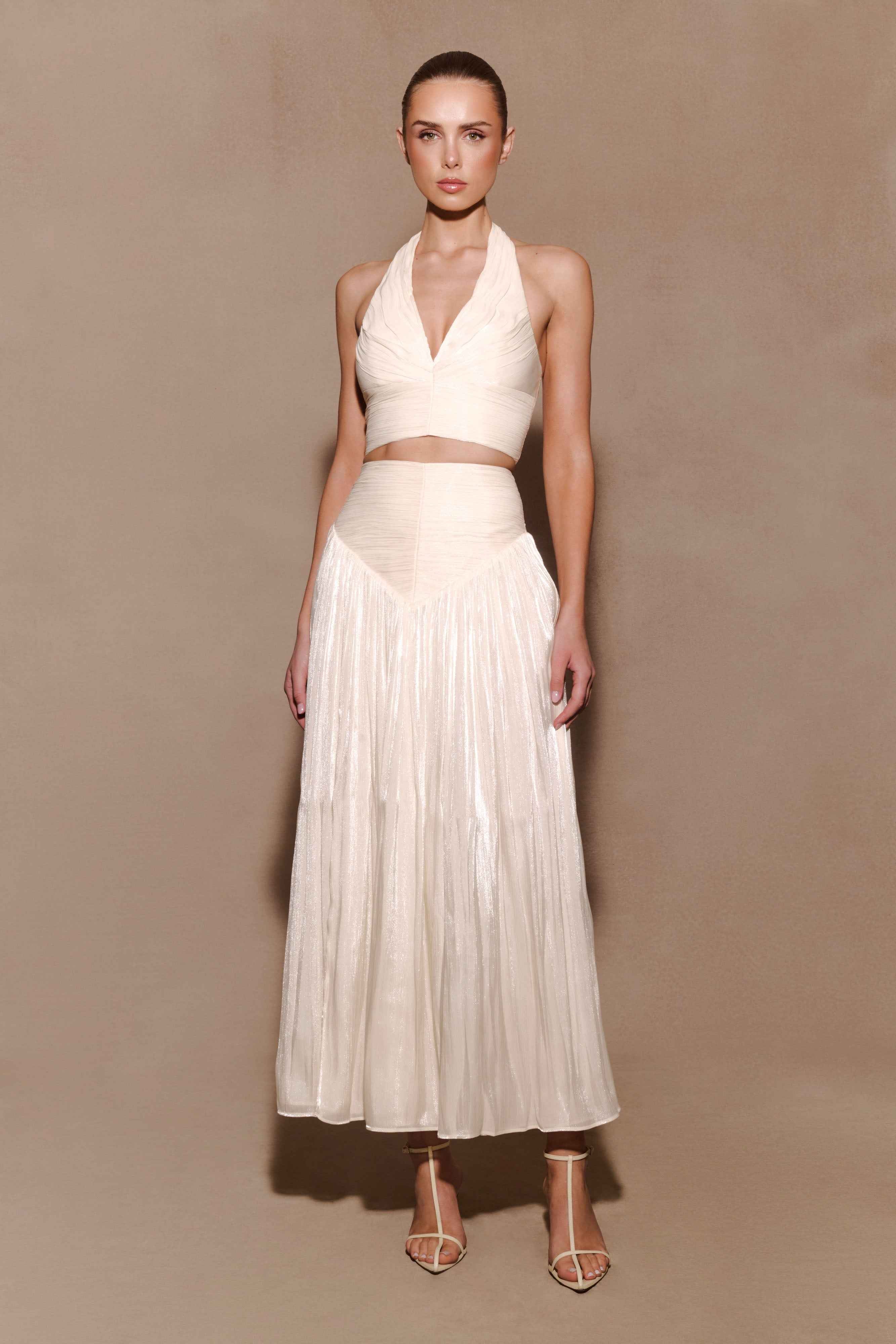Makena Opal White Gathered V Neck Top
