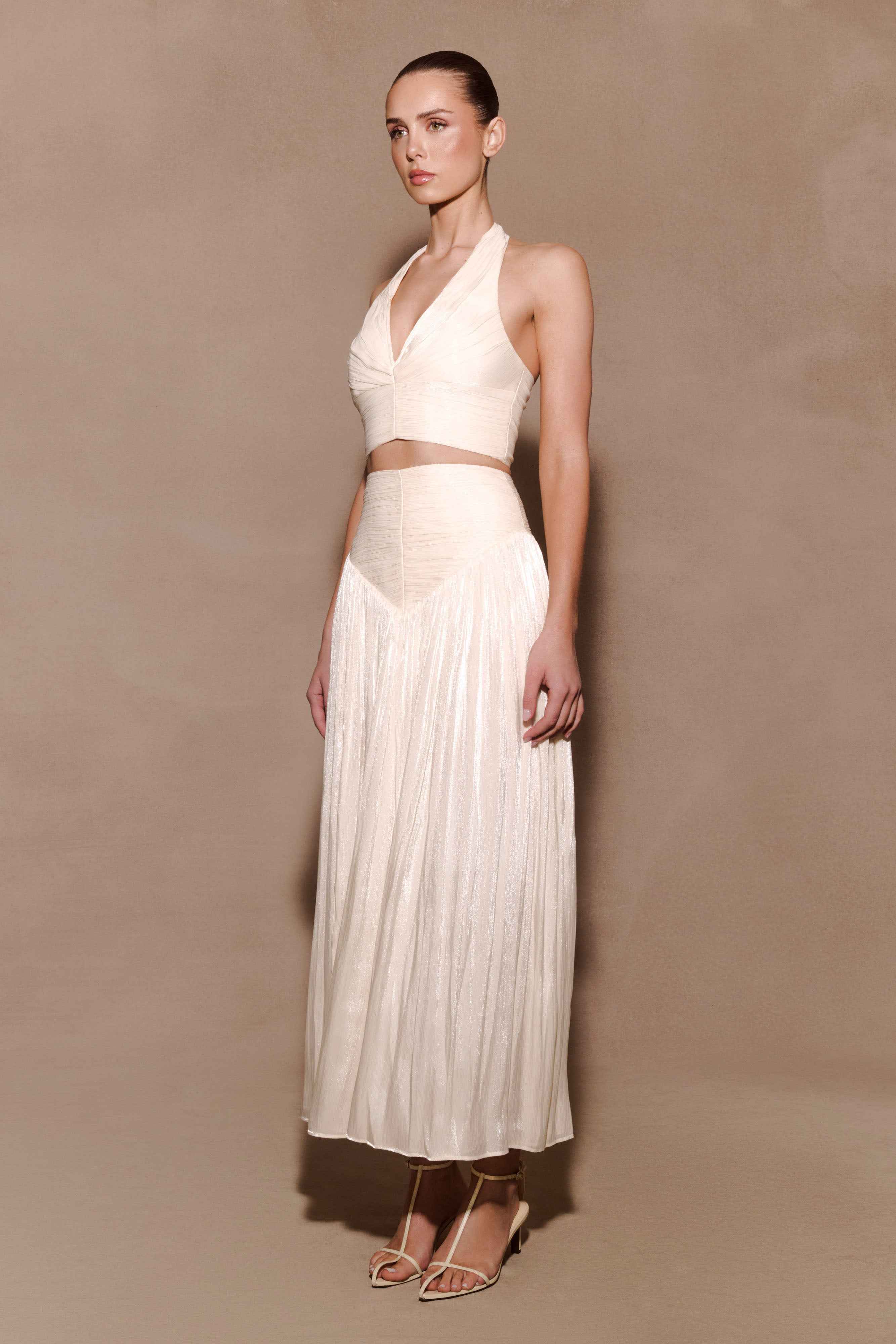 Makena Opal White Gathered V Neck Top