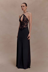 Sascha Black Lace Satin Maxi Dress