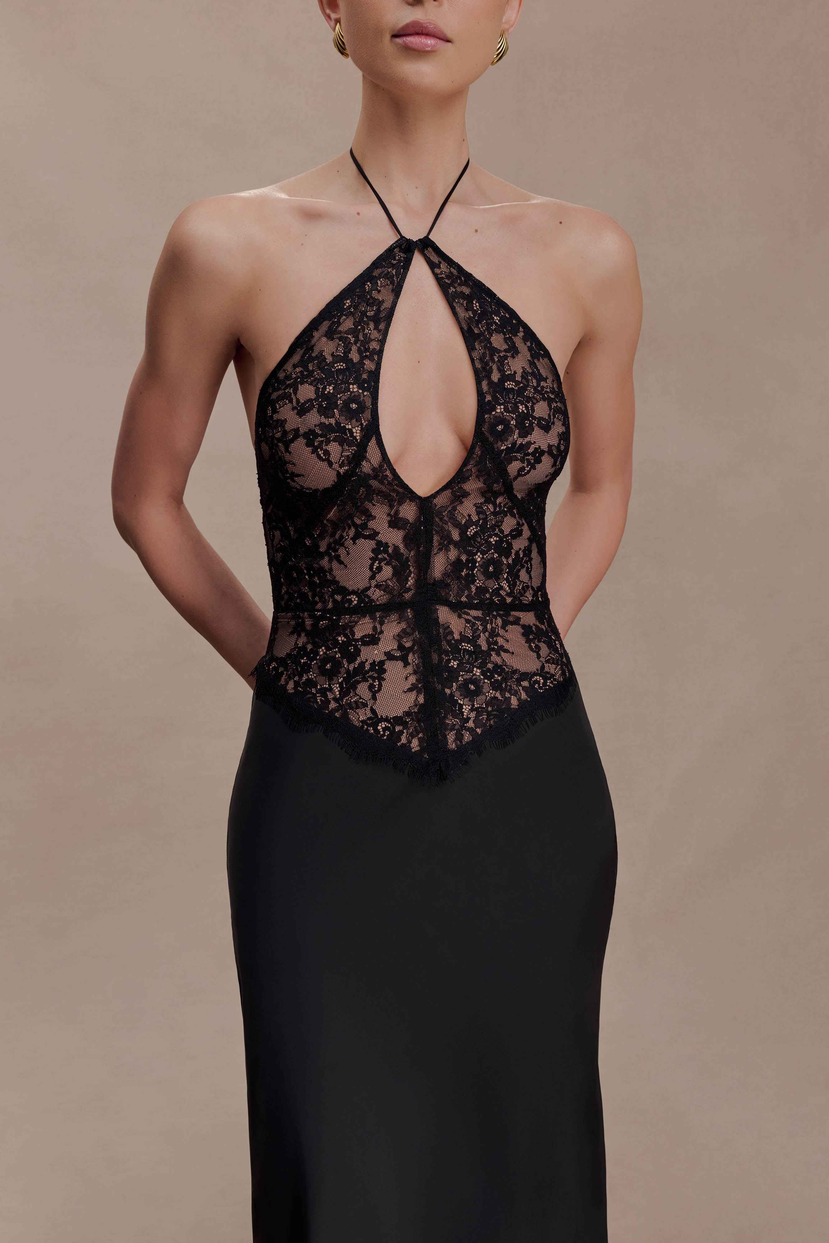 Sascha Black Lace Satin Maxi Dress