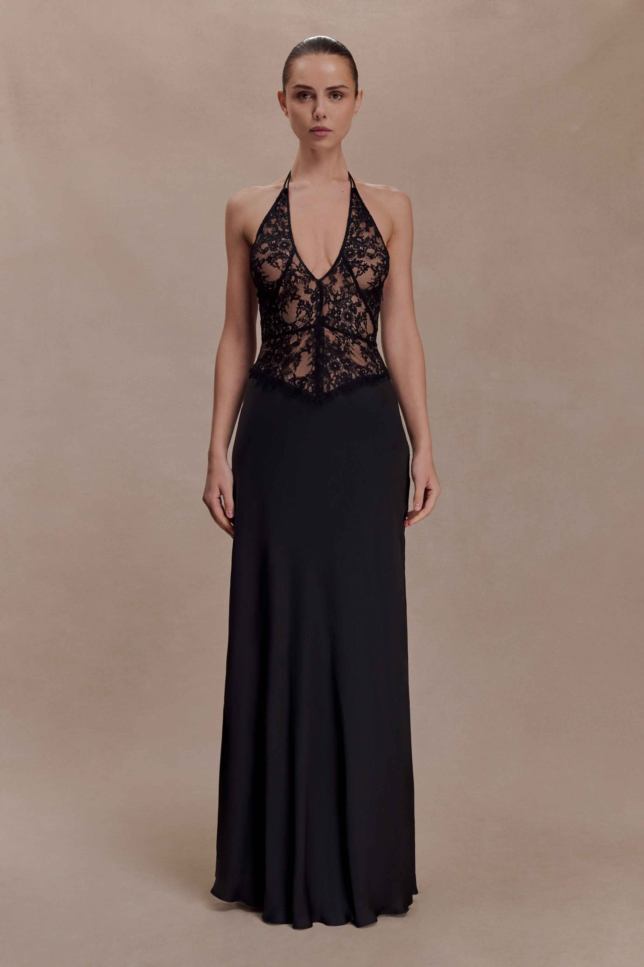 Sascha Black Lace Satin Maxi Dress