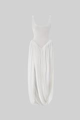 Draped Maxi Dress With Sculptural Skirt And Side Slit - White