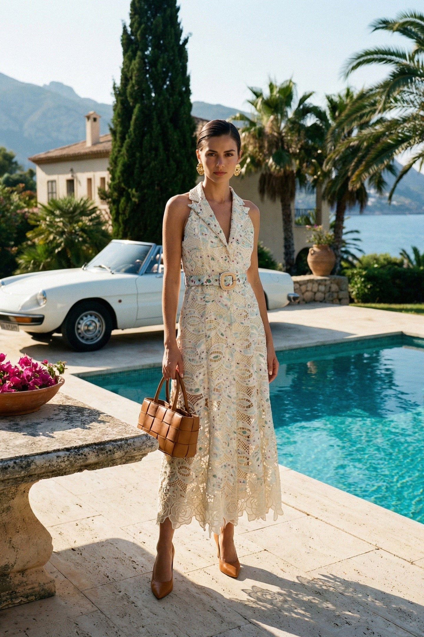 Halter Lace Midi Dress with Belted Waist Ivoire